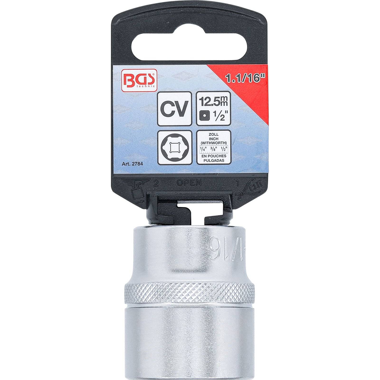 Ein silberner metallischer Schraubenschlüssel mit 'BCS' Markierung, beschriftet mit '1.1/16