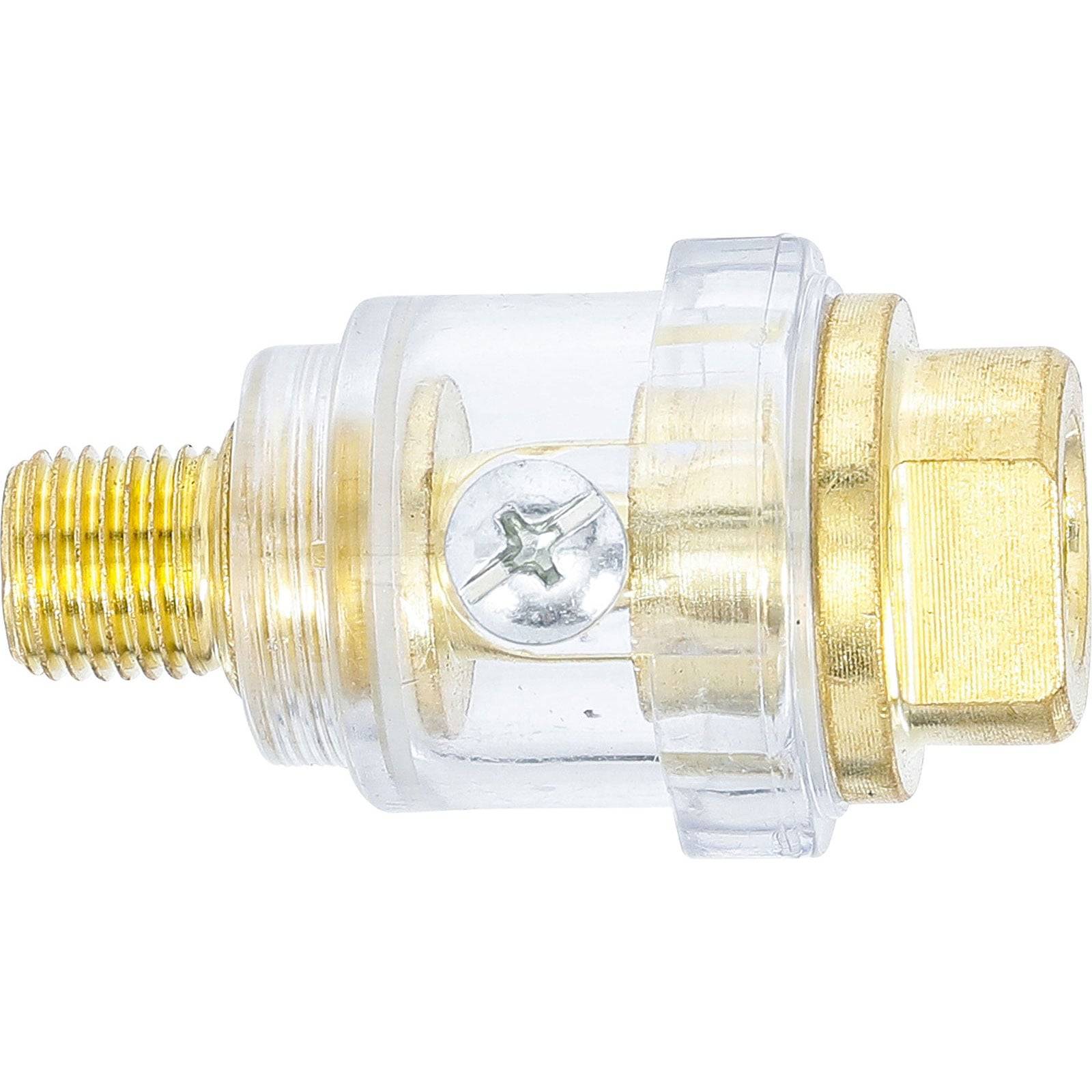 Ein transparenter Inline-Luftfilter mit Messingfittings, der ein sichtbares internes Filterelement aufweist und zur Entfernung von Verunreinigungen aus Druckluftanlagen verwendet wird.