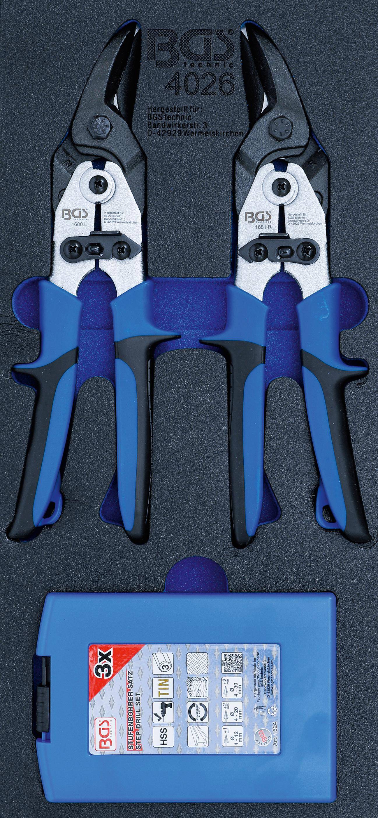 BGS technic Werkstattwageneinlage 1/3: Blechscheren, Stufenbohrer |