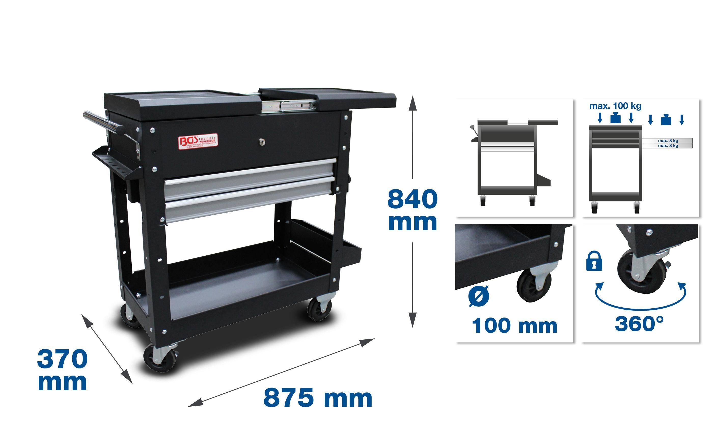 BGS technic Werkstattwagen | 2 Schubladen | Horizontal-Doppelauszug |