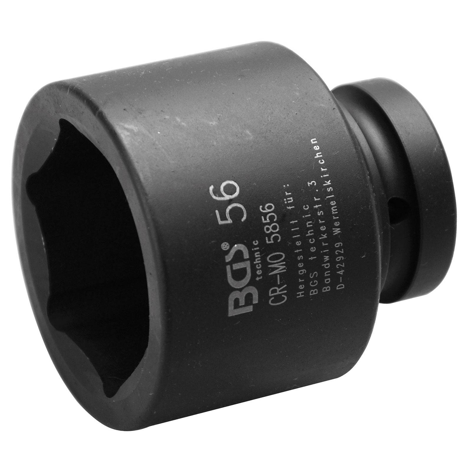 Eine schwarze 56-mm-Steckdose mit dem Aufdruck 'BGS 56', die zum Anziehen oder Lösen von Muttern und Schrauben verwendet wird.