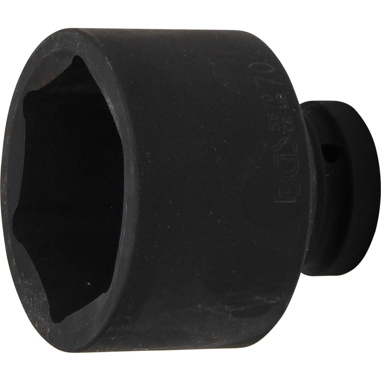 Ein dunkles, zylindrisches Steckschlüsselwerkzeug mit sechseckiger Öffnung, das zum Drehen von Muttern oder Schrauben verwendet wird.