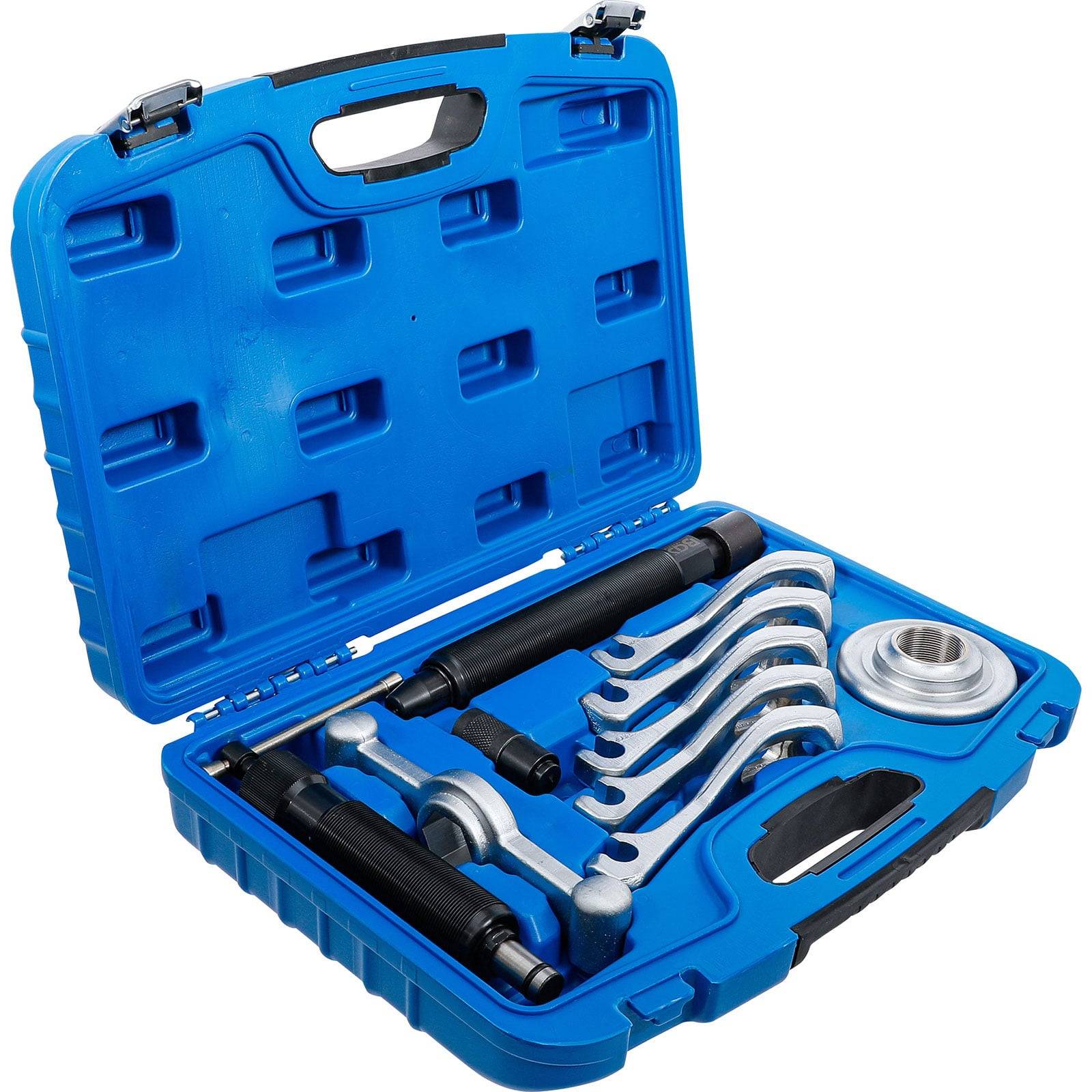 Eine blaue Werkzeugkiste, geöffnet und mit einem Satz von Abziehern und Schraubenschlüsseln aufgeräumt und ordentlich angeordnet darin zu sehen.