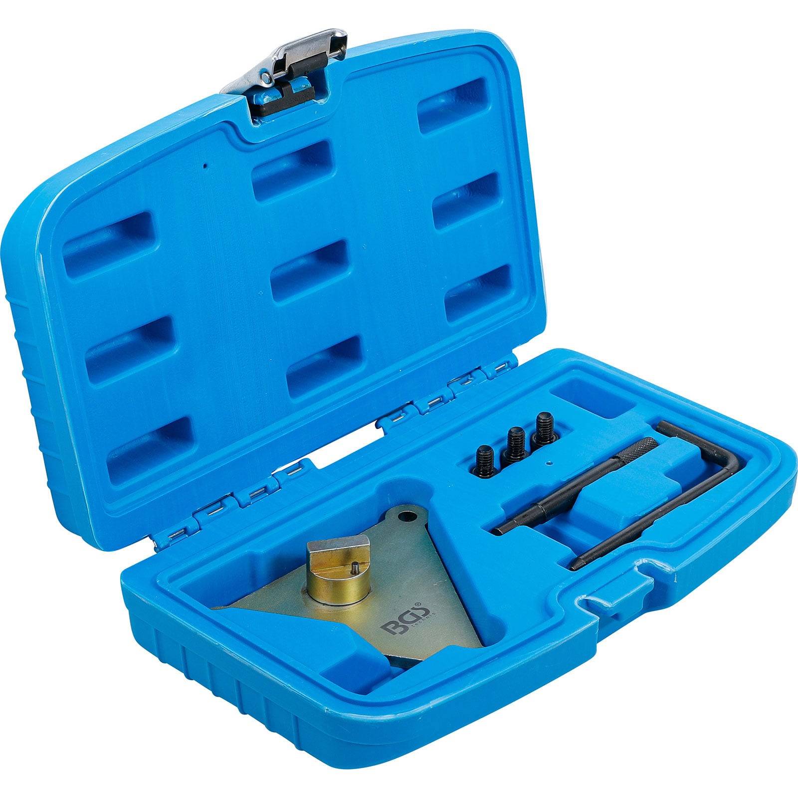 Eine blaue Plastikbox, die eine Metallhalterung und mehrere kleine schwarze Zubehörteile enthält. Die Box ist geöffnet, um die Inhalte zu zeigen.