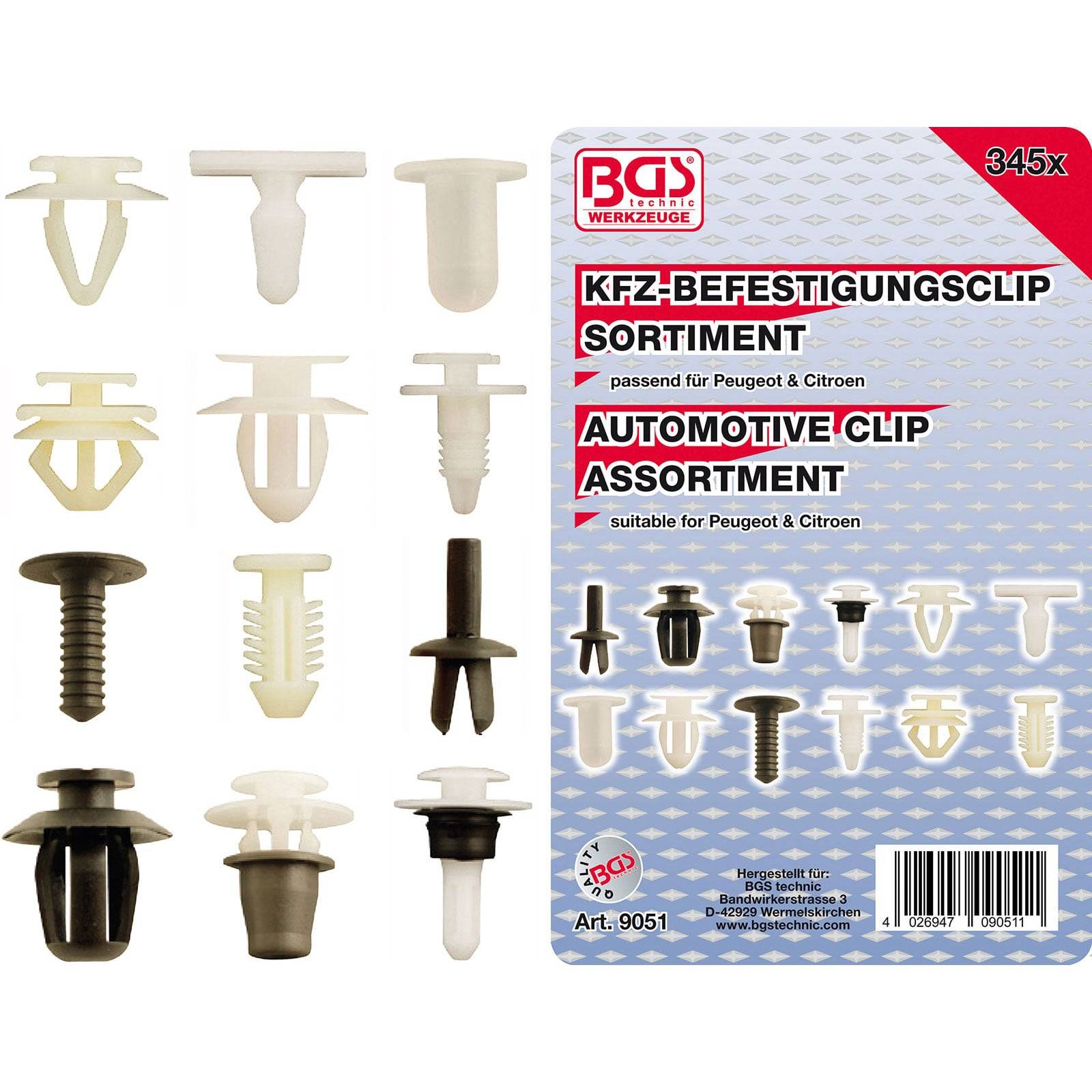 Sortiment von Befestigungsklammern für Peugeot und Citroen, auf der linken Seite verschiedene Arten von Klammern, auf der rechten Seite die Produktverpackung.