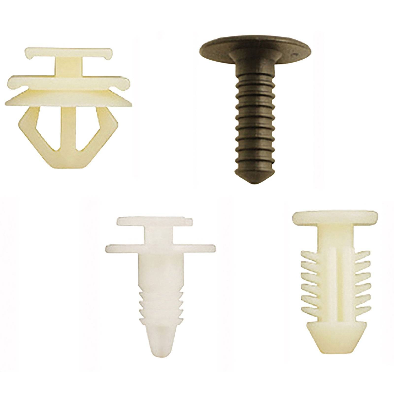 Verschiedene Kunststoff-Befestigungselemente und Clips in unterschiedlichen Formen und Größen, darunter weiße und schwarze Ausführungen, auf einem weißen Hintergrund angeordnet.