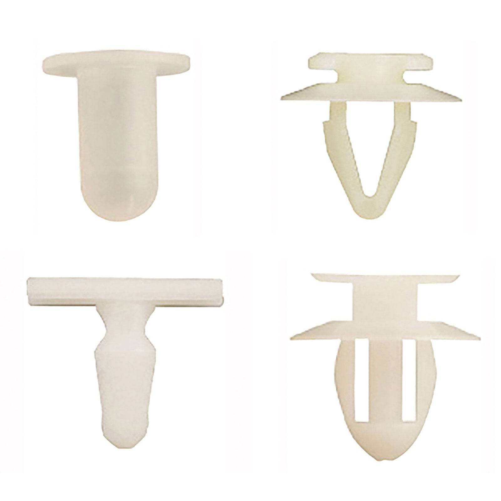 Verschiedene weiße Kunststoffnieten und Befestigungselemente in unterschiedlichen Formen zum Verbinden von Materialien.