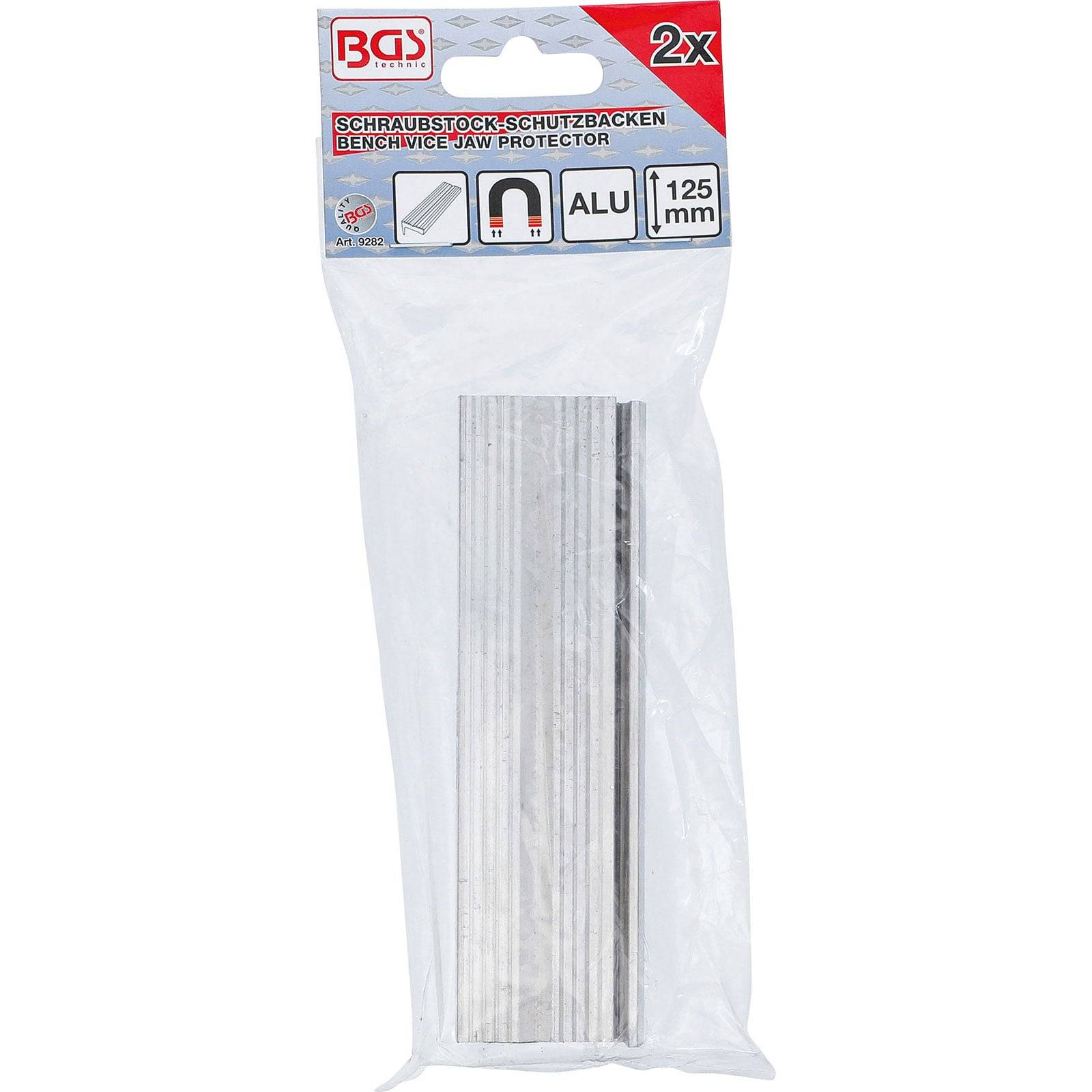 BGS Schraubstockbackenschutz, Aluminium, 125mm, verpackt in einer transparenten Tüte mit Produktinformationen in mehreren Sprachen.