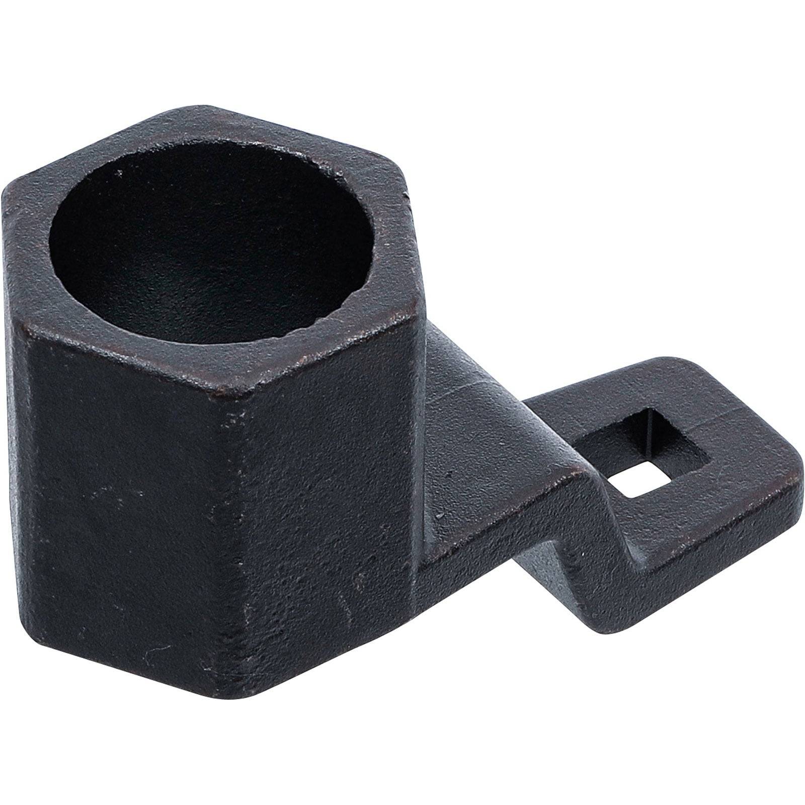 Eine schwarze, industrielle Metallhalterung mit einem zylindrischen Halter und einer flachen, vorstehenden Lasche mit einem quadratischen Loch.