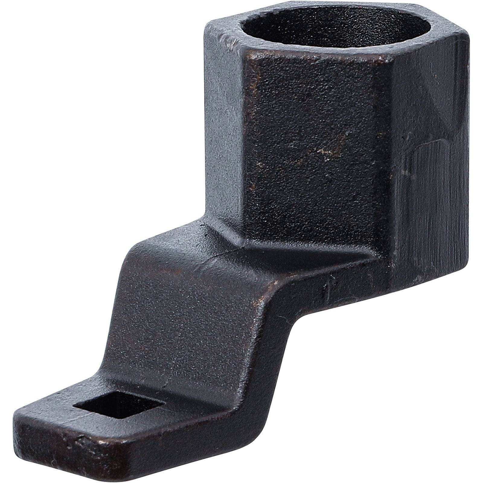 Ein schwarzes, gewinkltes Metallbracket mit einem rechteckigen Loch, wahrscheinlich zur Montage oder Unterstützung von Strukturen.