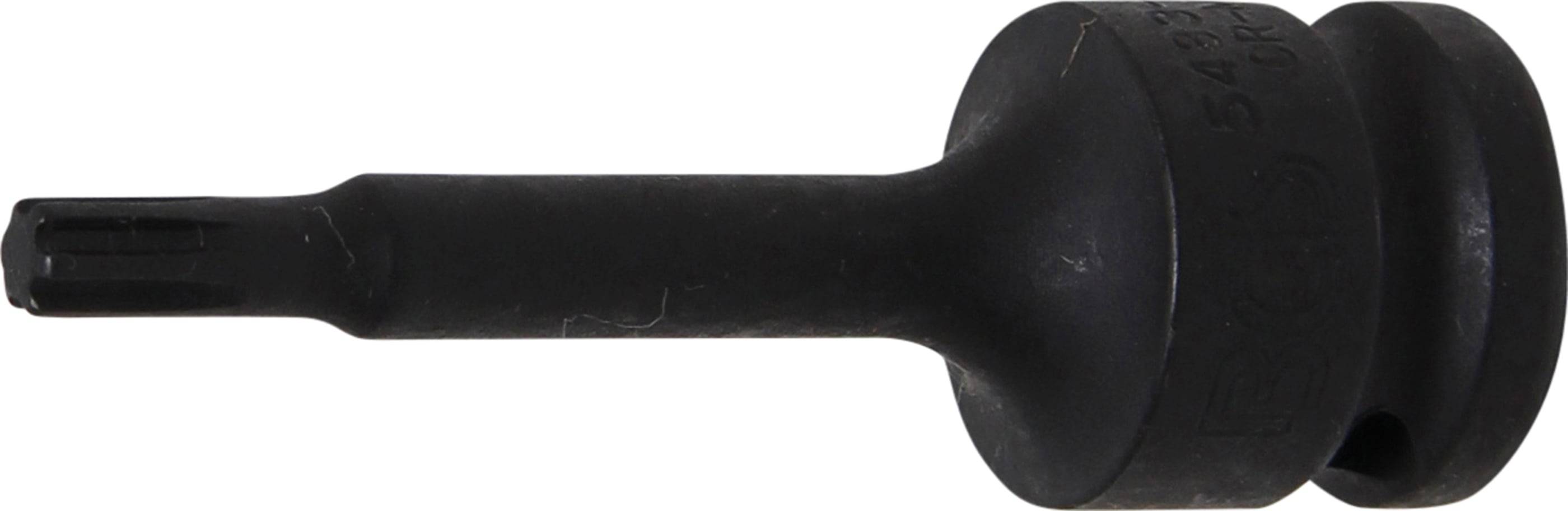 Ein Nahaufnahmebild eines schwarzen, zylindrischen Objekts mit einem verbreiterten Ende rechts. Die Oberfläche weist kleine Kratzer auf. Der Kontext ist unklar.