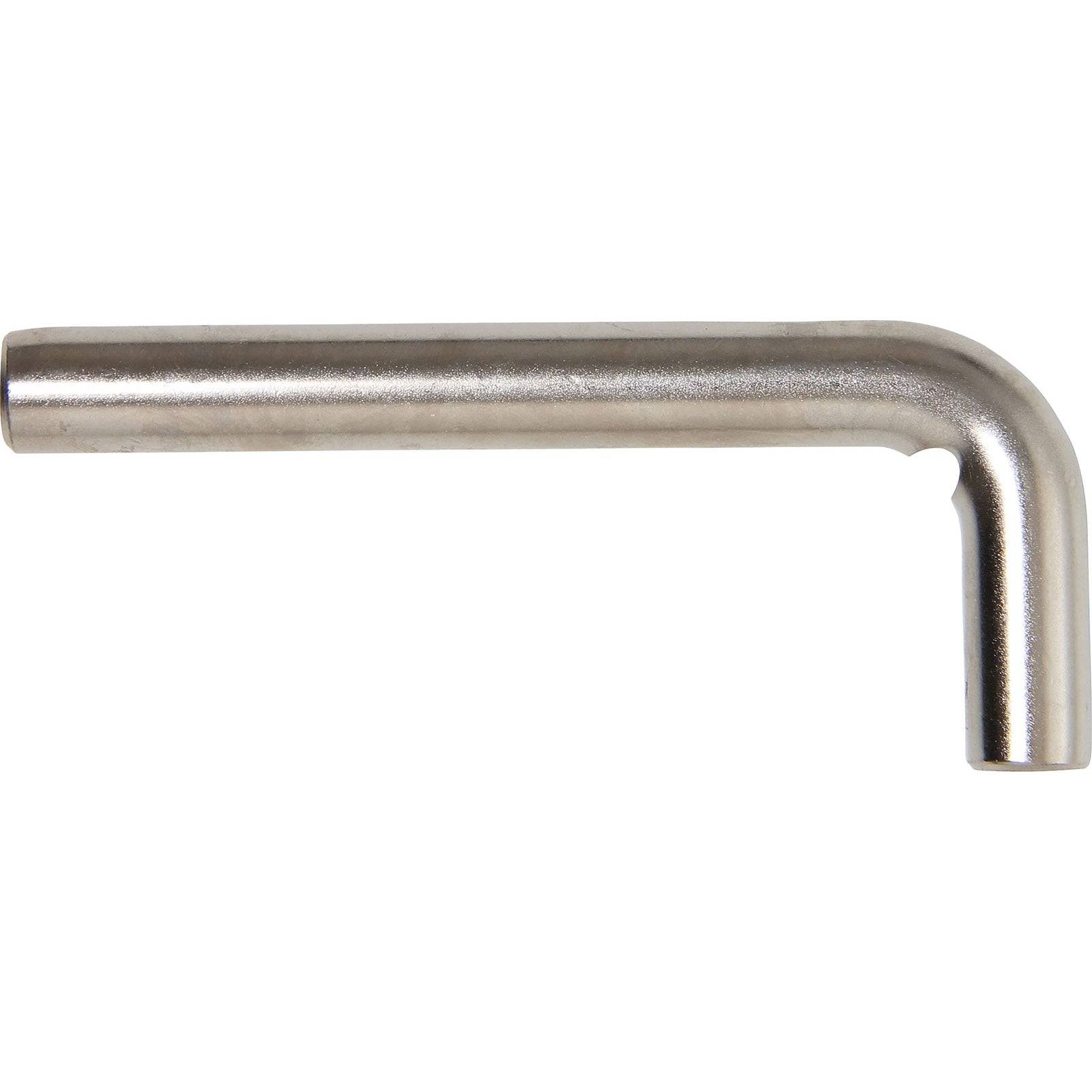 Ein metallischer Inbusschlüssel in L-Form, mit glatter und glänzender Oberfläche, der zum Festziehen oder Lösen von Schrauben mit sechseckigen Vertiefungen verwendet wird.