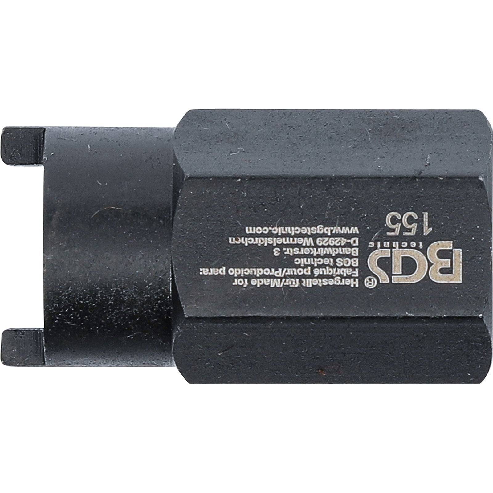 Ein schwarzer zylindrischer Werkzeug mit der Bezeichnung 'BGS 153', ausgestattet mit technischen Spezifikationen und Webseite, der für enge Räume oder spezifische mechanische Anwendungen verwendet wird.