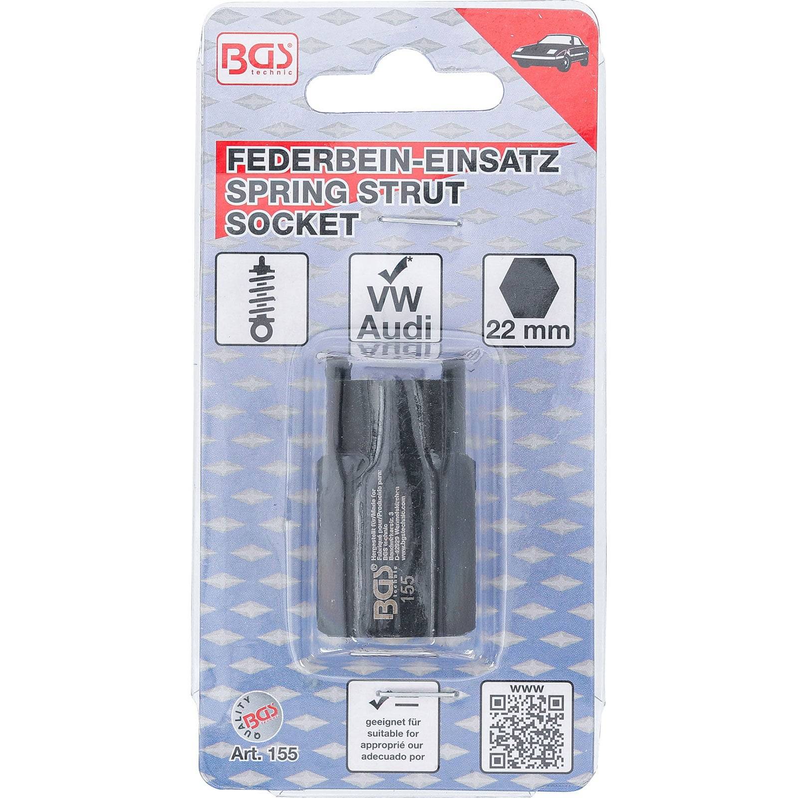 BGS' Marken-VW und Audi Federbeinlager-Steckschlüssel, 22 mm Größe. Enthält Kompatibilitätslogo-Bilder und einen QR-Code auf der Verpackung.
