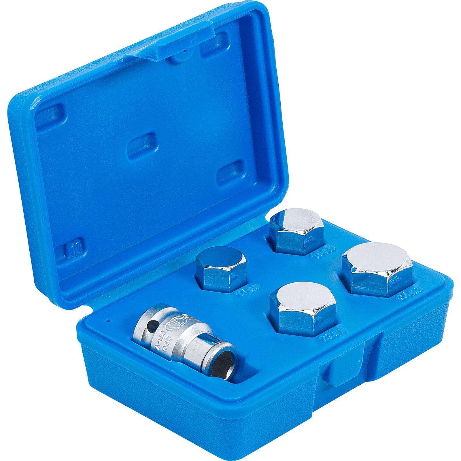 Eine blaue Plastikbox, die vier verchromte Radschlossbolzen und einen passenden Sicherheitsschlüsseleinsatz enthält, die zum Sichern von Fahrzeugrädern verwendet werden.