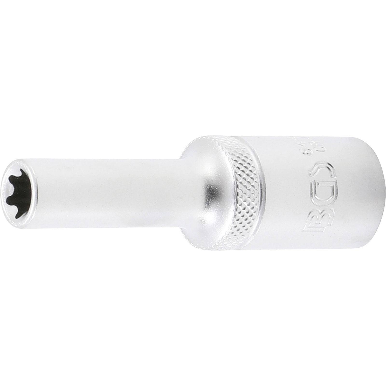 Ein silberfarbener Schraubenschlüssel-Kopf aus Metall mit gerilltem Griff und sechseckiger, sternartig geformter Öffnung, konstruiert zum Drehen von Befestigungselementen.