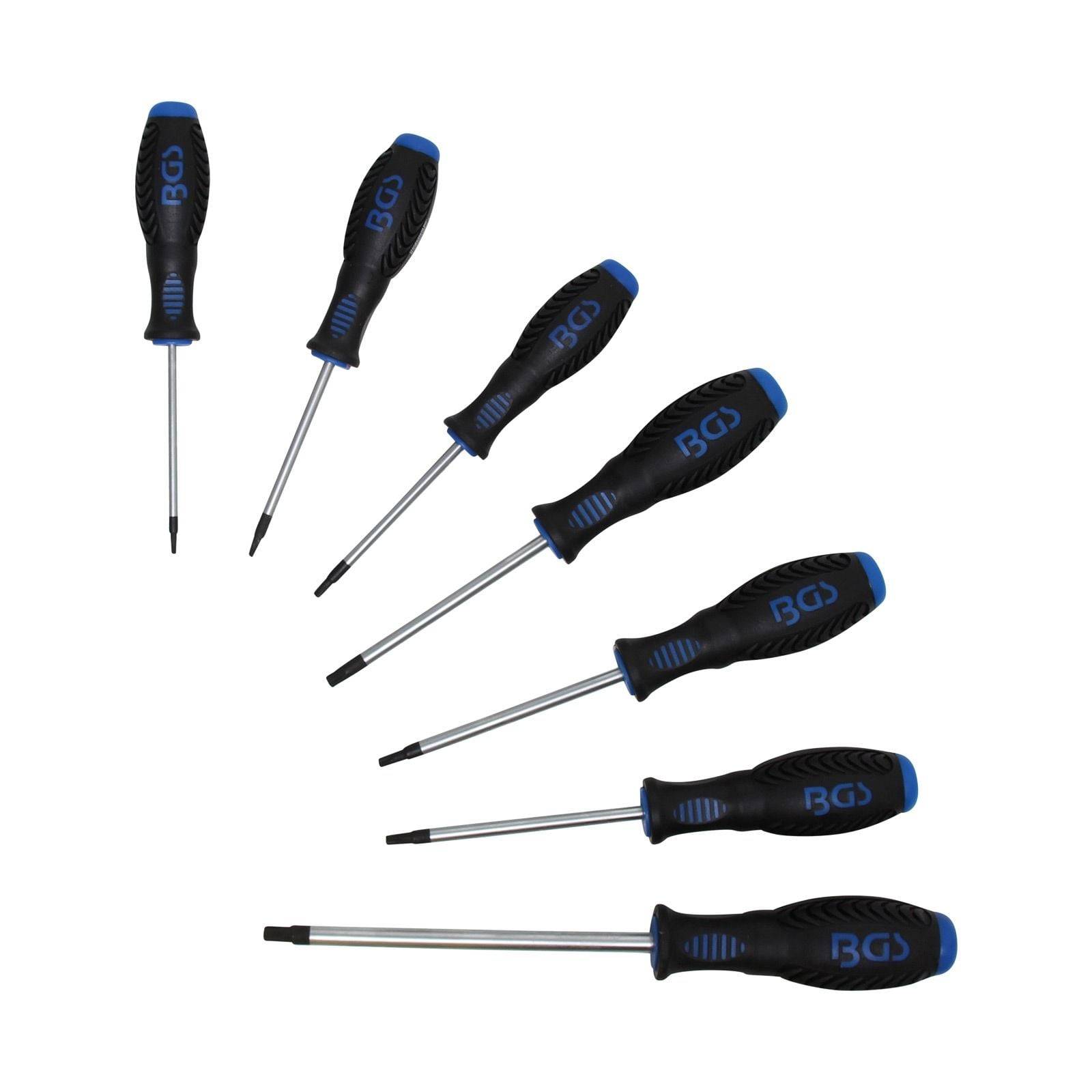 Ein Satz von sieben Schraubenziehern mit schwarzen Griffen und blauen Akzenten, bestehend aus Schlitz- und Kreuzschlitzschraubenziehern, in einem Bogen angeordnet.