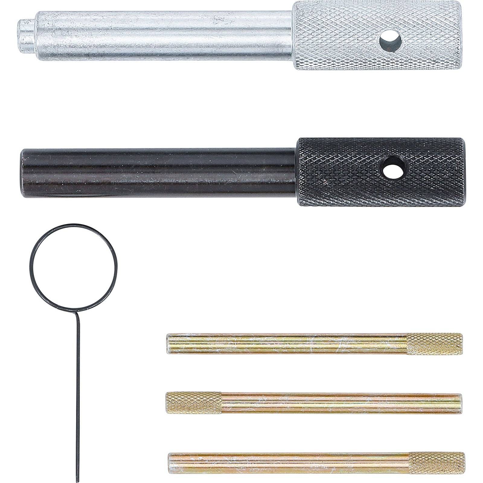 Ein Satz Metallwerkzeuge, der einen silbernen und einen schwarzen Griff mit Riffelgriffen, ein Schlaufenwerkzeug und drei zylindrische Stäbe umfasst.