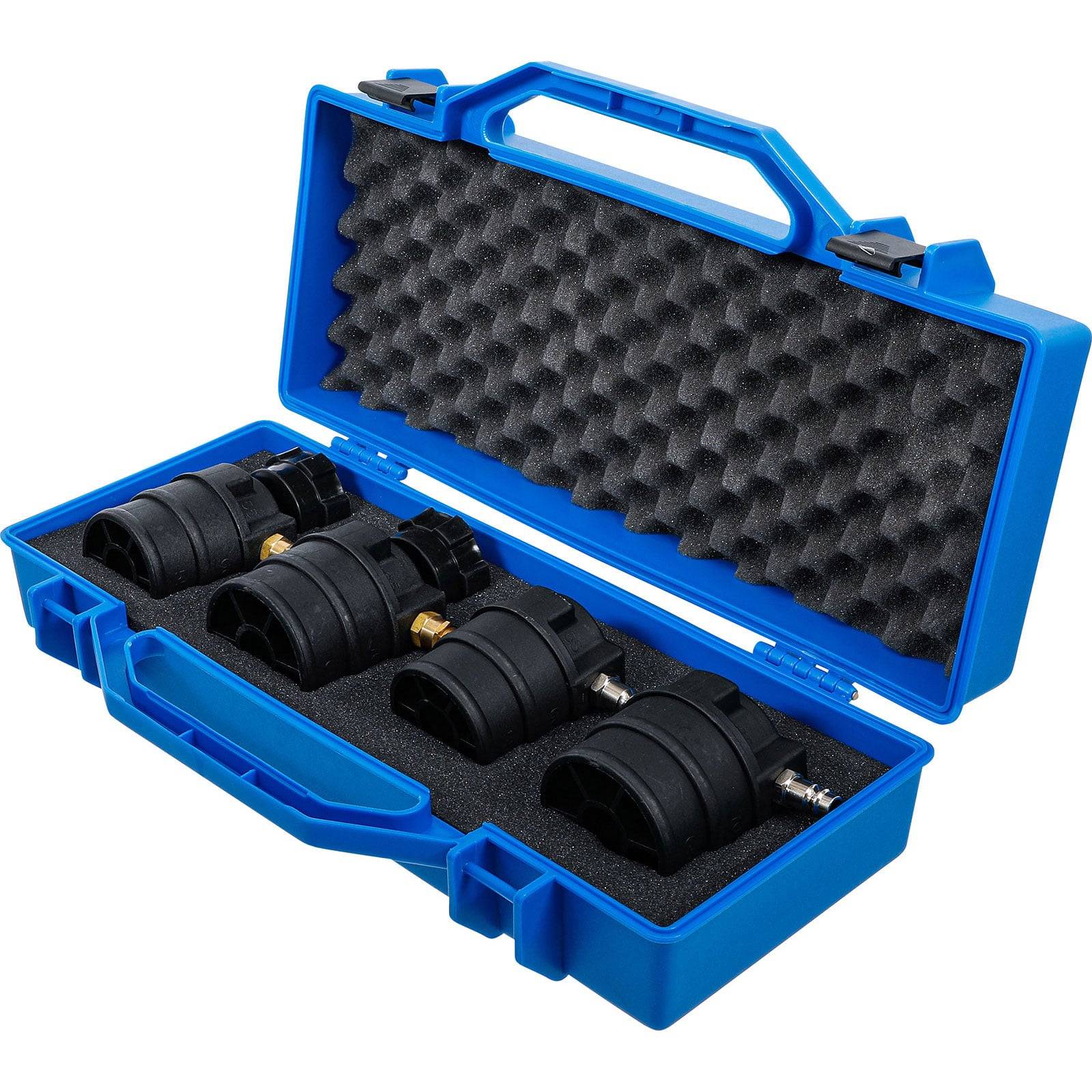 Eine blaue Transporttasche mit Griff, die fünf schwarze Gummidichtungsstopfen in verschiedenen Größen enthält. Die Tasche ist mit einer schützenden Schaumstoffauskleidung versehen.