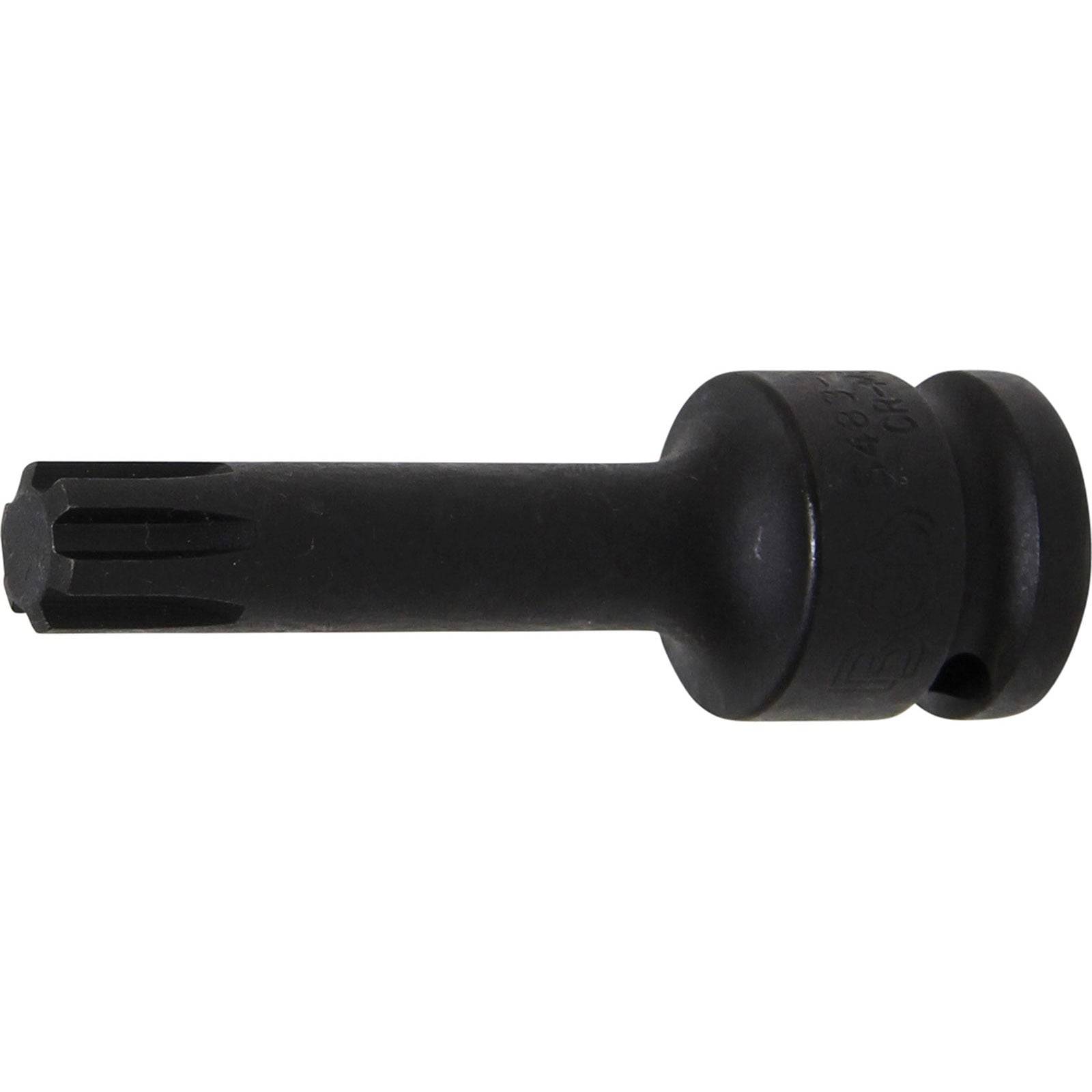 Ein schwarzes, zylindrisches Werkzeuganbauteil mit einer gekerbteten Spitze und einer breiteren Basis, wahrscheinlich für industrielle oder mechanische Anwendungen verwendet.