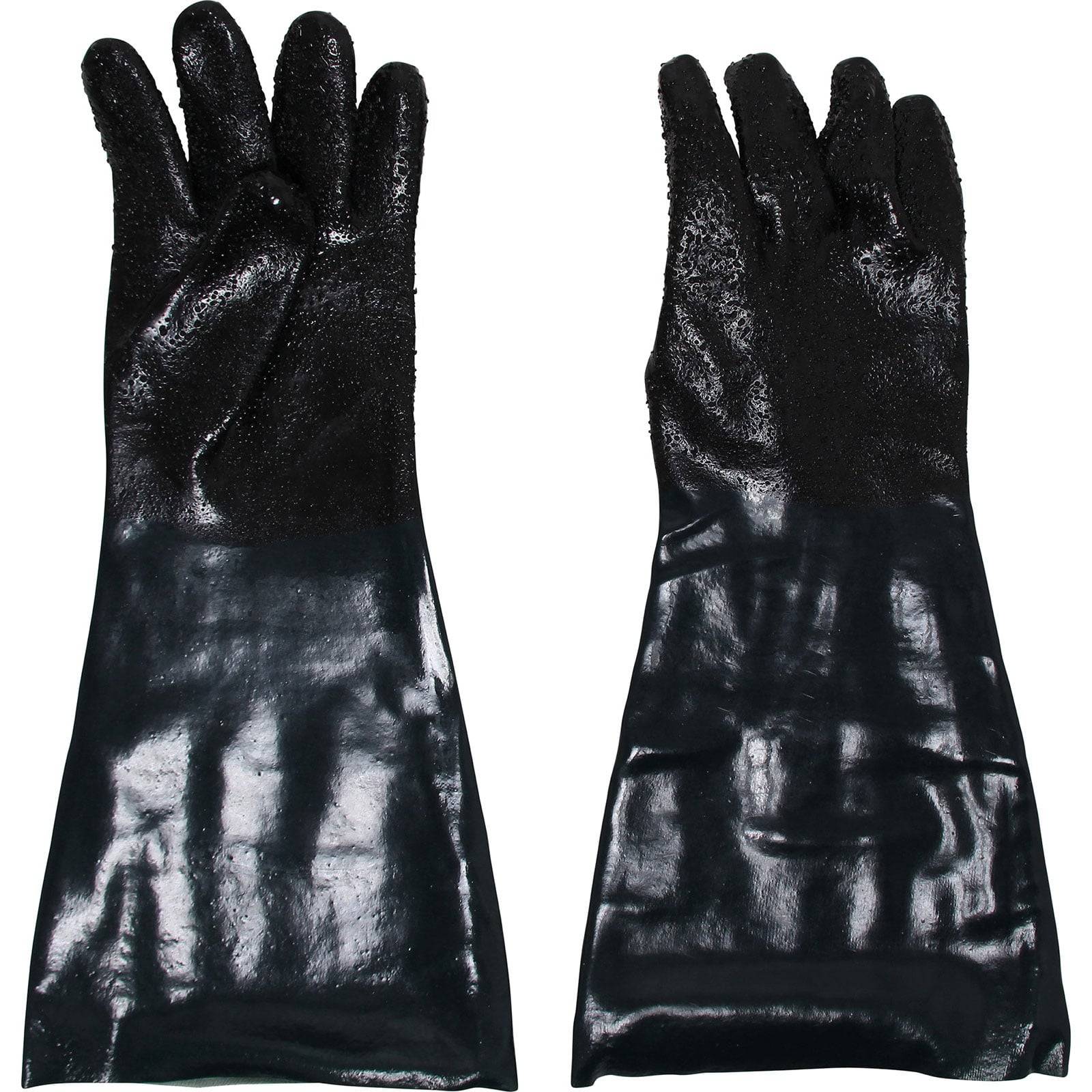 Zwei schwarze, glänzende Schutzhandschuhe mit strukturierter Griffoberfläche liegen flach, die Handflächen nach oben gerichtet. Sie wirken robust und für Schwerlastarbeiten geeignet.