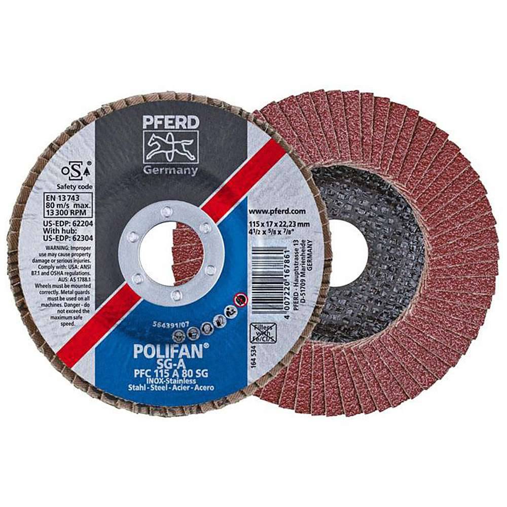 Fächerschleifscheibe - PFERD POLIFAN® - für Stahl/INOX/Kunststoff - konische Profi-Ausführung - Bezeichnung PFC 115 A 80 SG/22,23 - Maße (D x U x