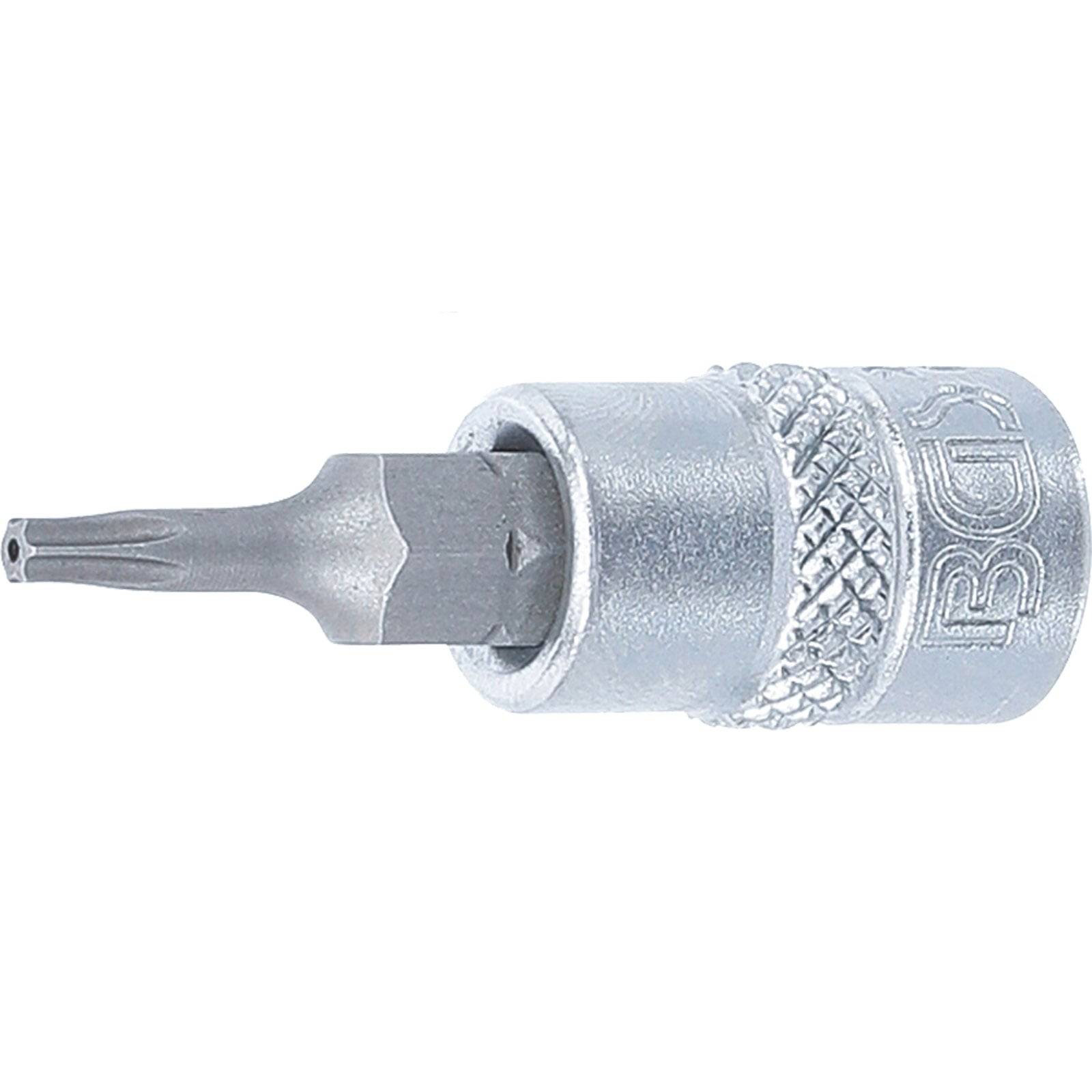 Ein Metallbit in einer Fassung, der für Schraubendreher-Anwendungen verwendet wird, mit einer gerändelten Griffoberfläche für besseren Halt.