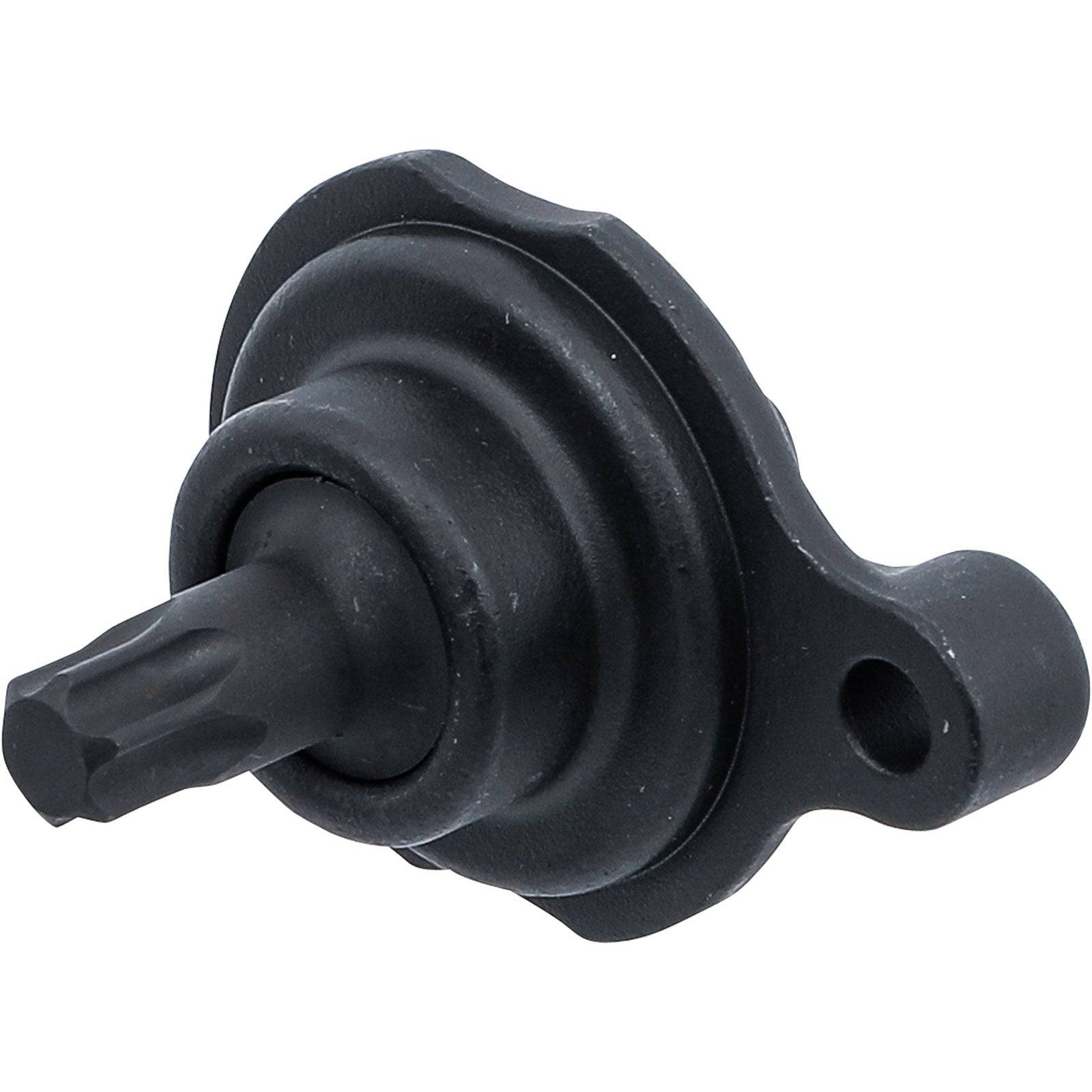 Ein Nahaufnahmebild eines schwarzen mechanischen Teils mit einem geflanschten Ende und einem vorragenden, zahnradähnlichen Schaft, möglicherweise eine Komponente für eine Maschinenmontagee.