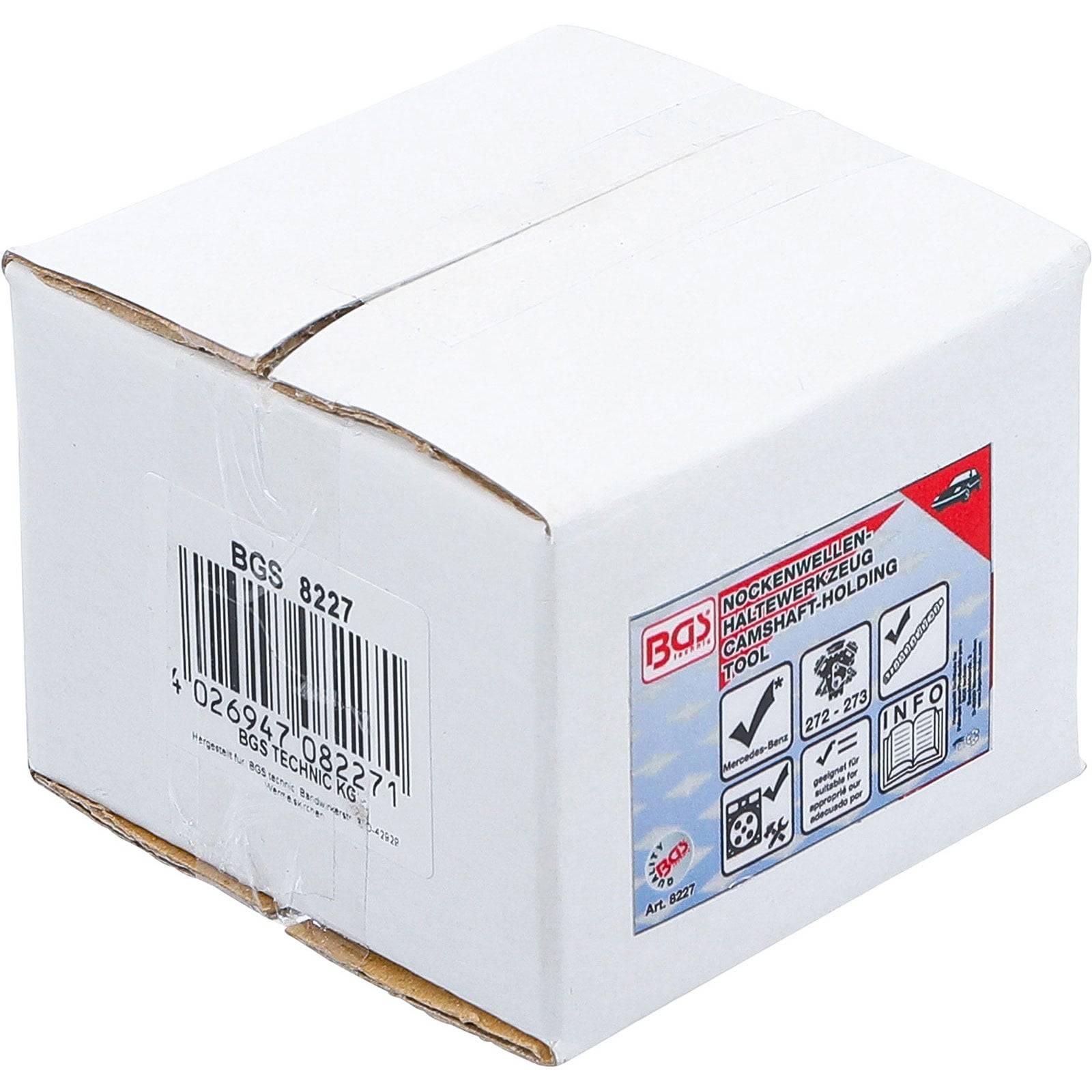 Eine weiße Pappschachtel mit einer Etikette, die Werkzeugabbildungen und den Text 'BGS 8227' zeigt.