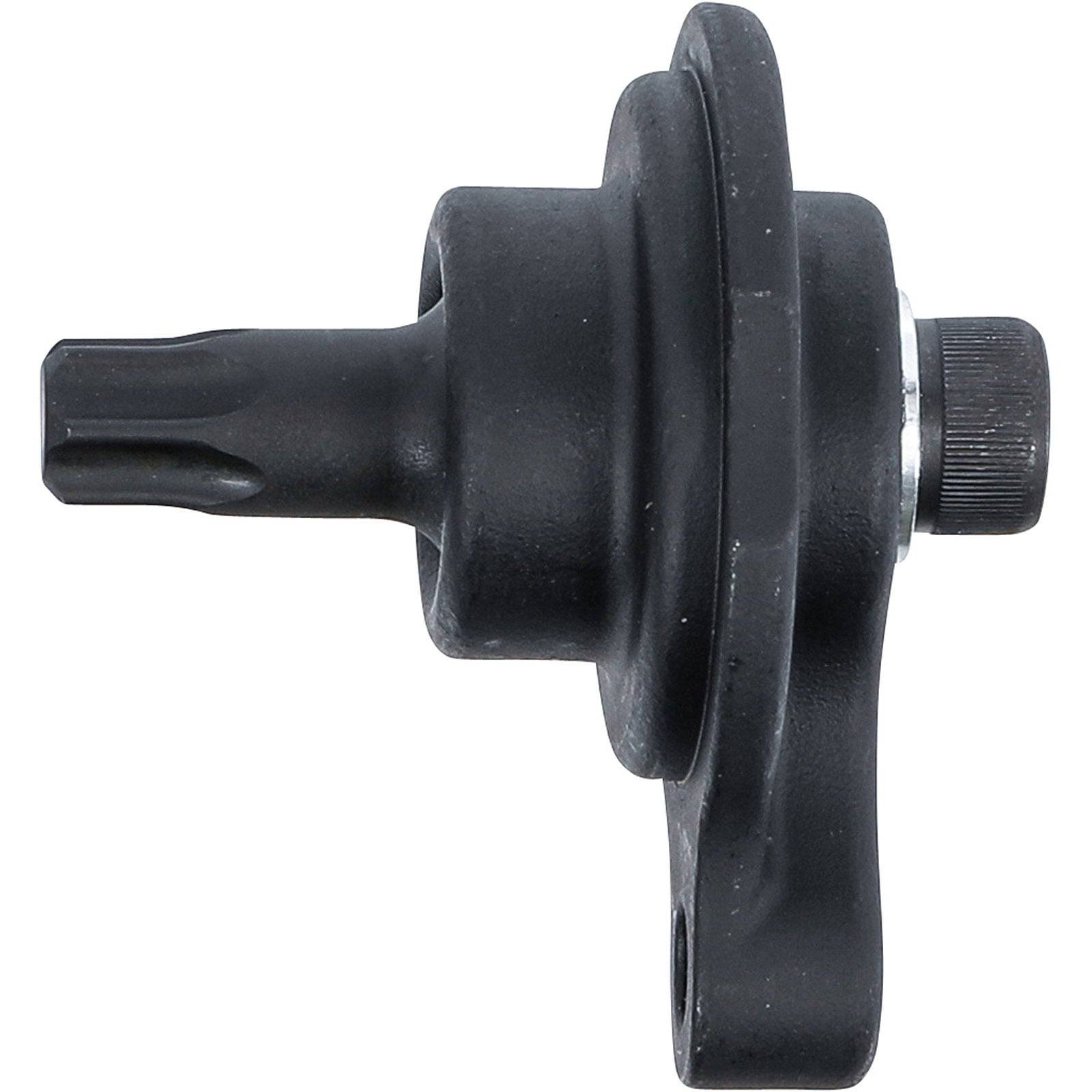 Ein schwarzer Metalldrehmomentbit-Adapter mit einer kreisförmigen Befestigungsbasis und sechskantigem Bit, konzipiert zur Verwendung mit Elektrowerkzeugen.