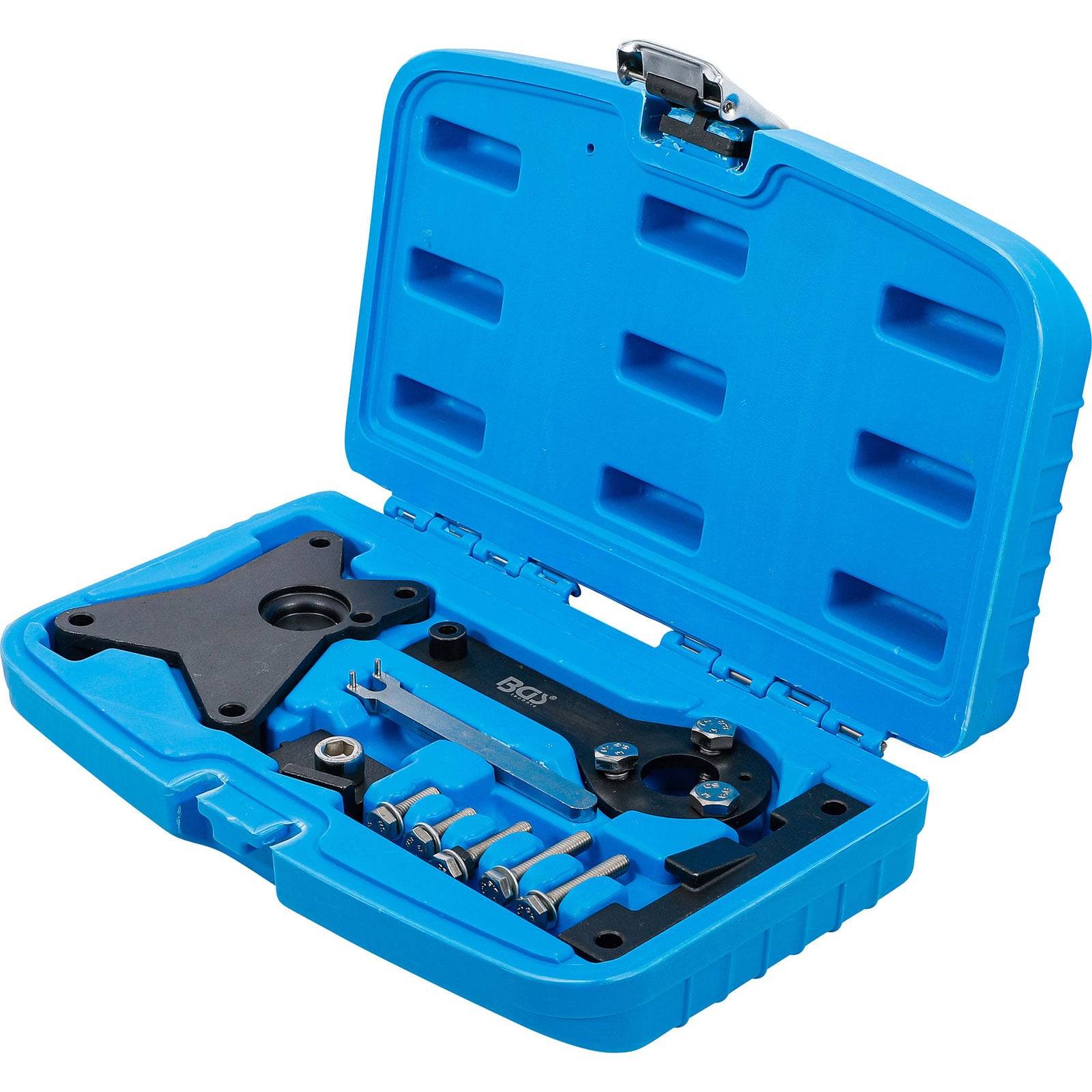 Ein blaues Plastikgehäuse enthält einen Nockenwellen-Einstellwerkzeug-Satz mit Metallkomponenten, der für die Ausrichtung von Nockenwellen während der Motorwartung entwickelt wurde.