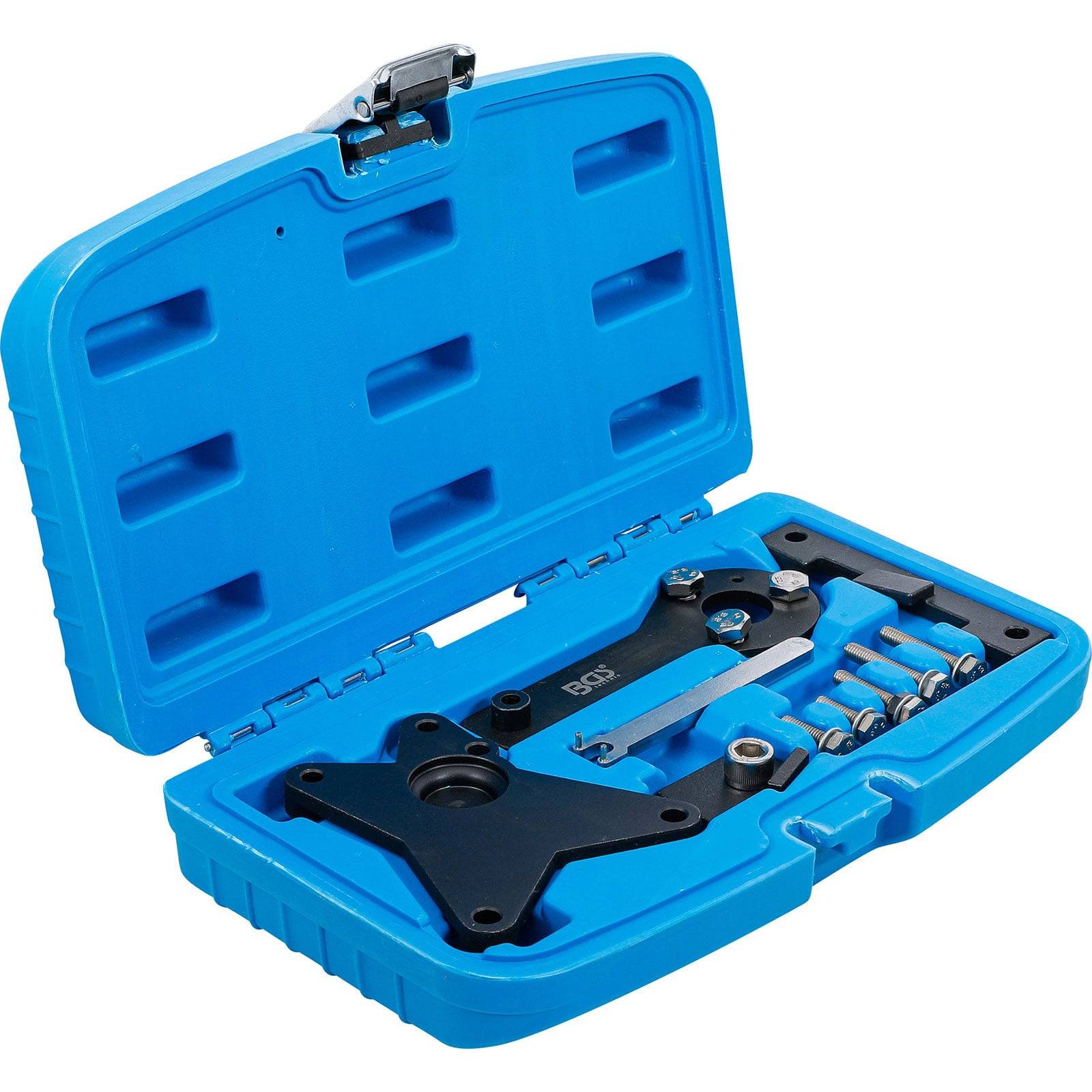 Einstellbares Riemenspannungswerkzeug-Set in einem blauen Kunststoffkoffer. Umfasst Spannungsmesser, Montagebügel und mehrere Befestigungsköpfe.