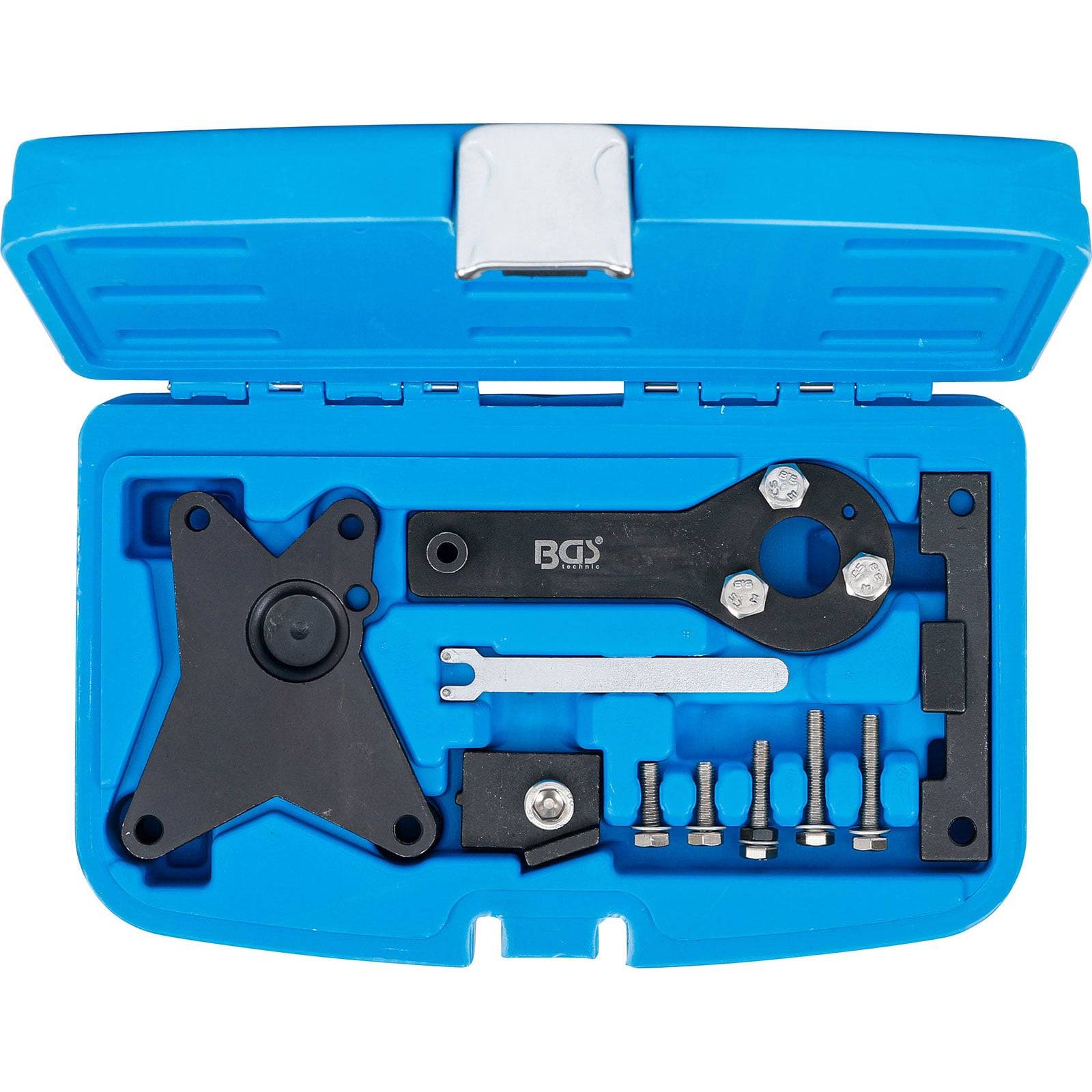 Blaue Kunststoffbox geöffnet, um ein Motor-Zahnradzeiteinstellungswerkzeug-Set zu zeigen, einschließlich Zahnradhalter, Spannungsregler und verschiedener Schrauben.