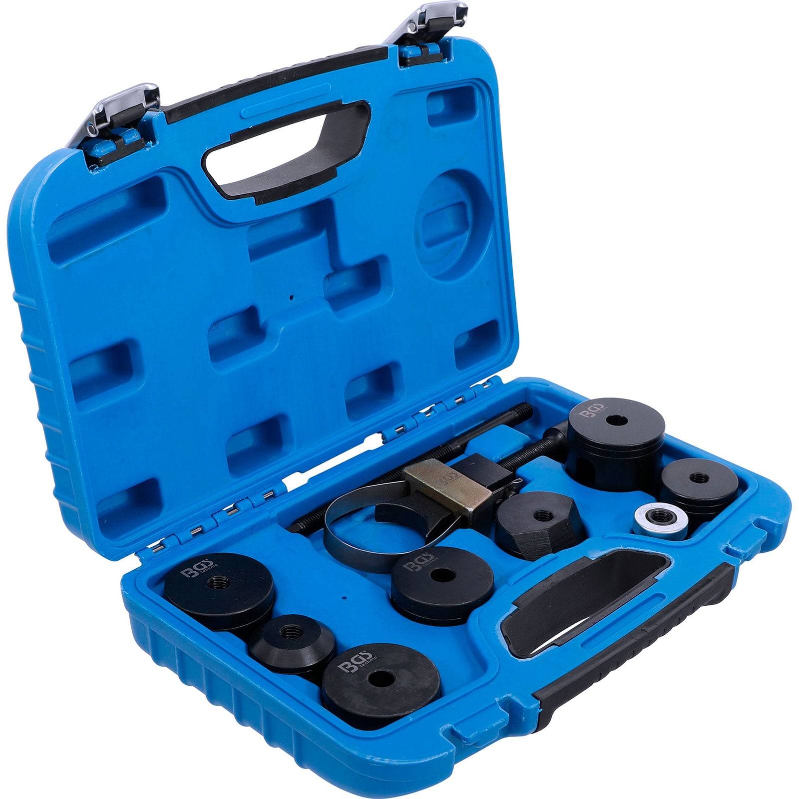 Öffnen Sie den blauen Plastikkoffer, der einen Satz kreisförmiger Gewichte und Messwerkzeuge enthält, die ordentlich in vorgesehenen Fächern angeordnet sind.