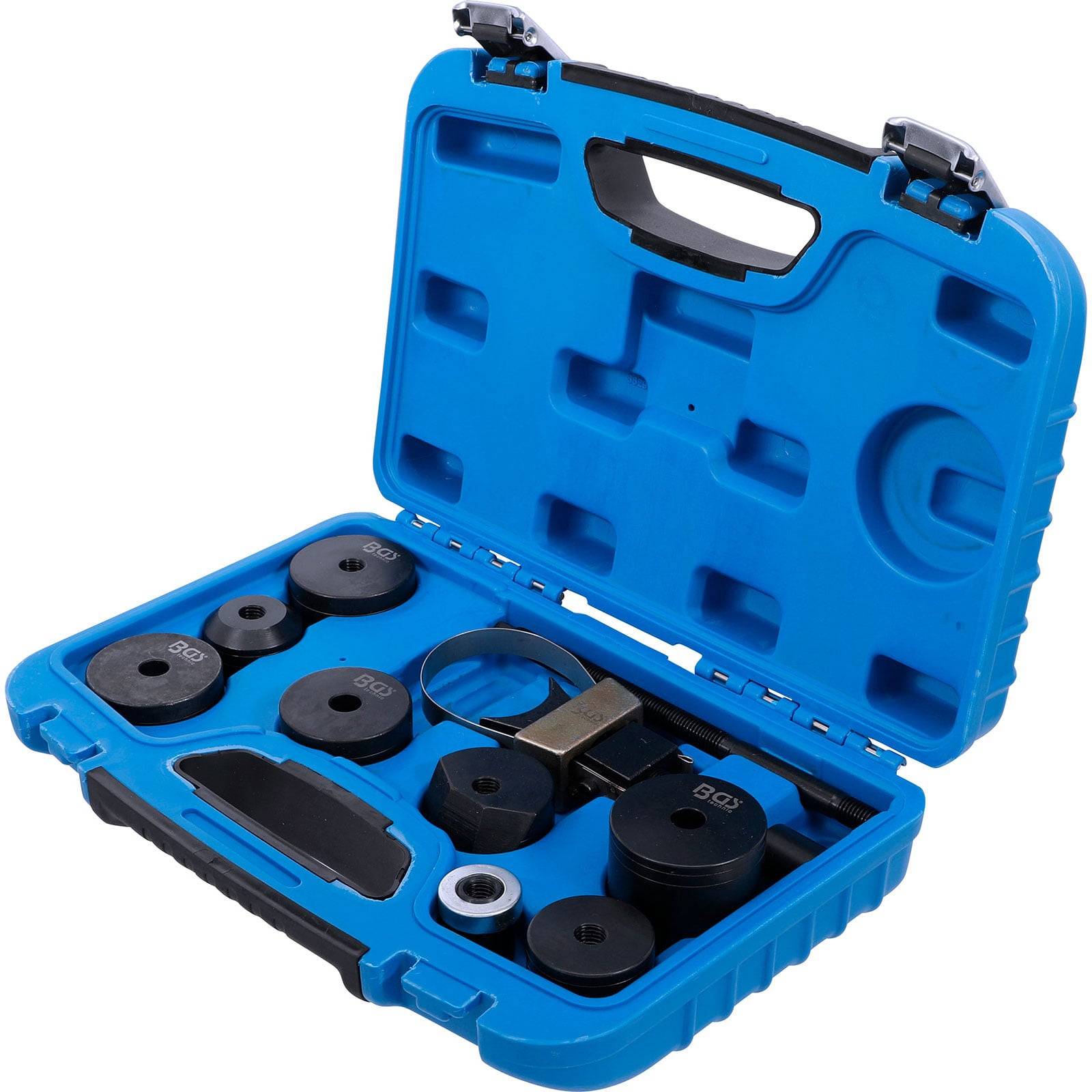 Eine offene blaue Kunststoffbox mit verschiedenen Größen von kreisförmigen Stanzformen und einem Griff; verwendet zum Stanzen von Löchern in Materialien.