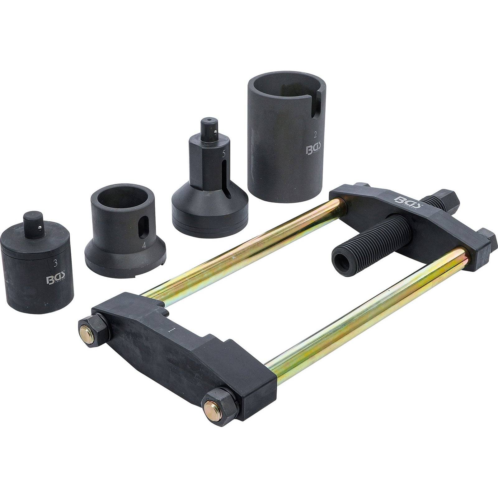 Kugelgelenk-Presssatz mit Adapterkomponenten. Der Satz umfasst einen C-Rahmen-Presswerkzeug und verschiedene Adapter für Fahrzeugwartung und -reparatur.