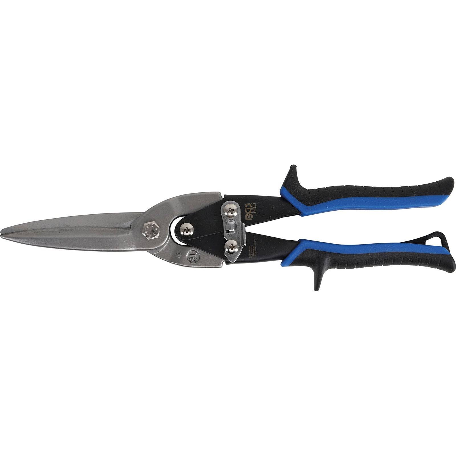 Eine Schere mit blauen Griffen aus Zinn mit scharfen Metallklingen, die speziell zum effizienten Schneiden von Blech konzipiert ist.