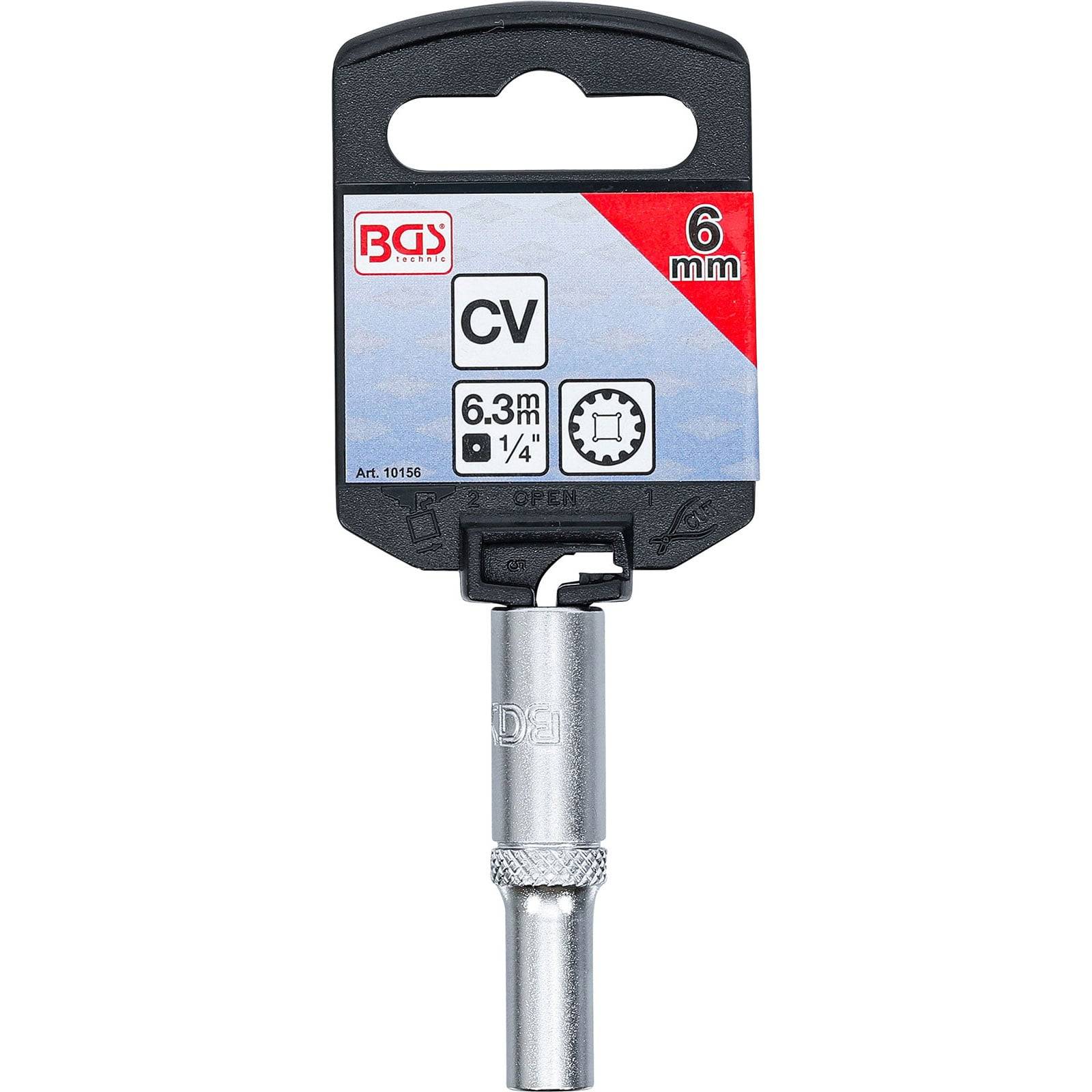 Ein 6-mm-Steckschlüssel mit silberner Metalloberfläche, beschriftet mit 'BGS 6 mm CV'.