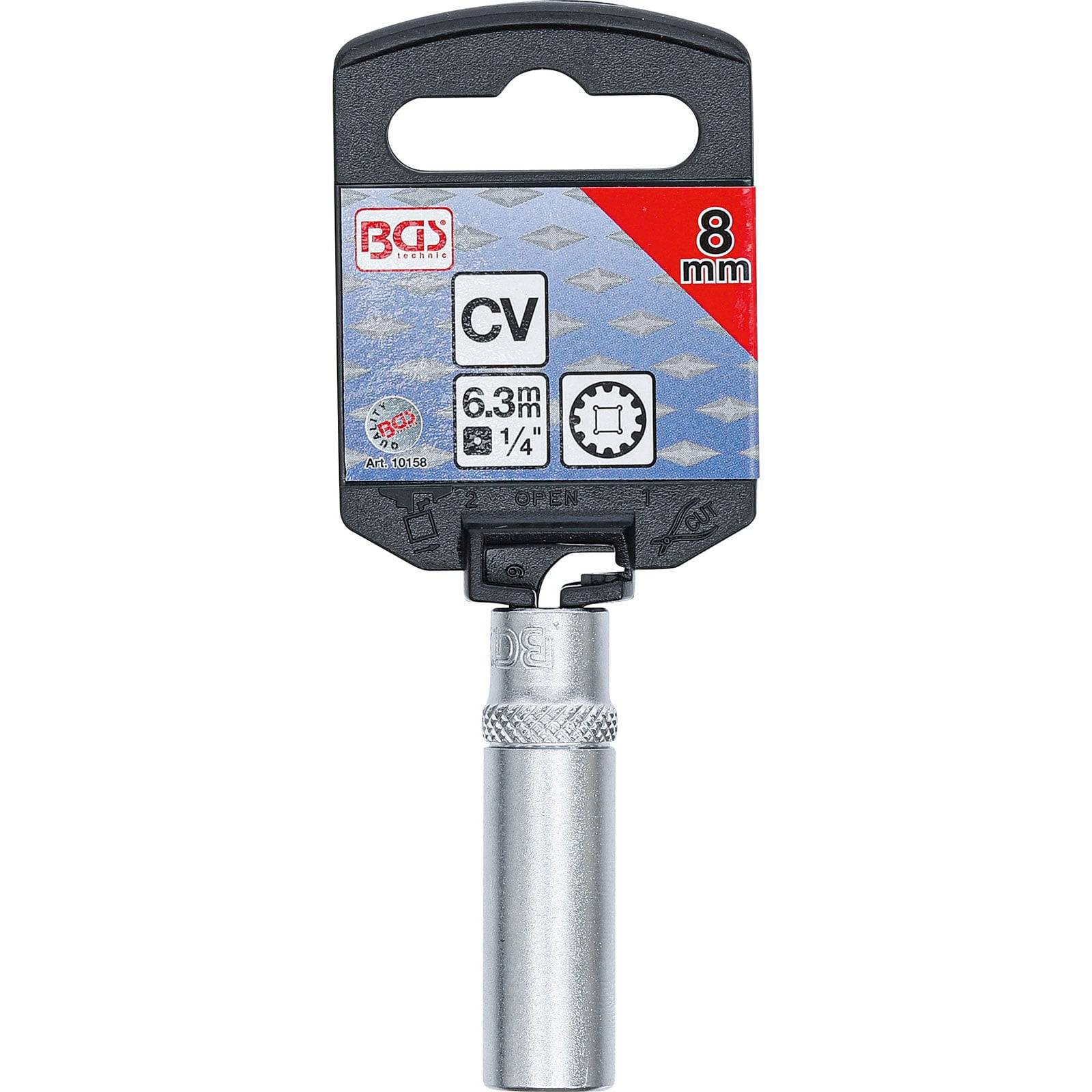 Eine 8-mm-BGS-Steckdose erscheint vor einem einfachen Hintergrund. Sie verfügt über eine sechseckige Öffnung zur Verwendung mit Werkzeugen und ist mit Beschriftungen für Haltbarkeit und Größe versehen.