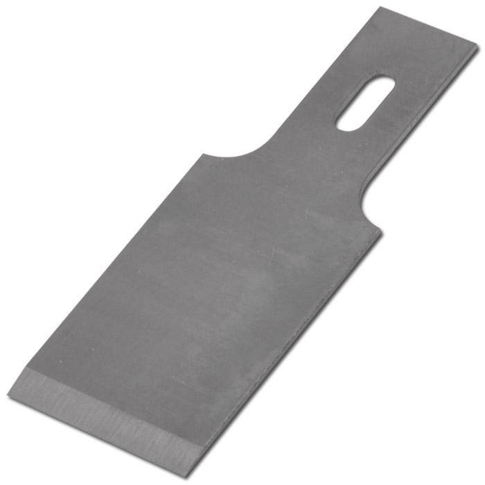 Ein flaches Metallschabermesser mit rechteckigem Körper, geschlitztem Griff und abgeschrägter Schneidekante auf weißem Hintergrund.