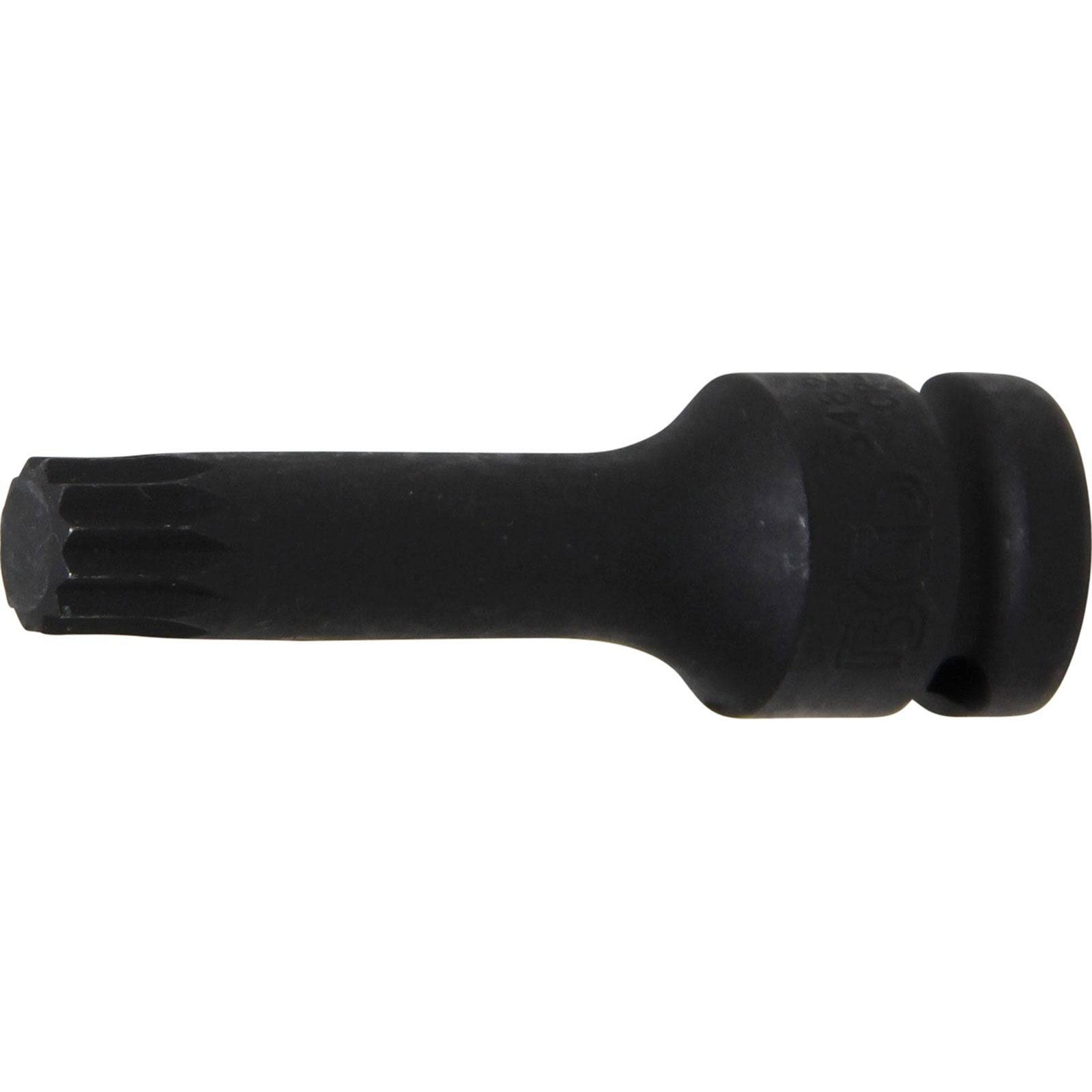 Ein schwarzer Sechskant-Spline-Schraubendreher-Bit für spezielle Befestigungselemente, vor einem einfarbigen Hintergrund abgebildet.