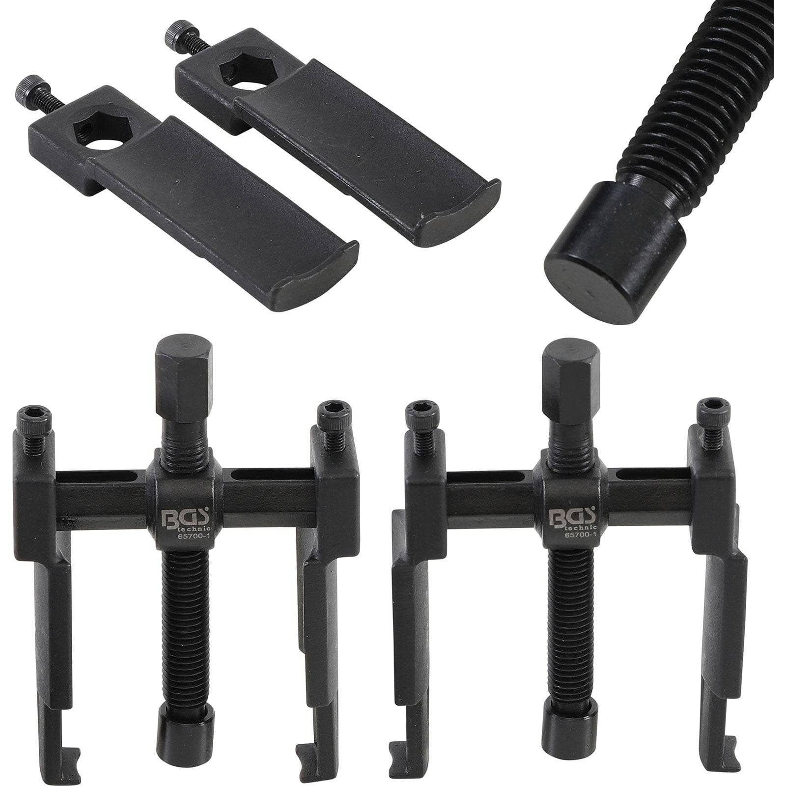 Ein Set bestehend aus zwei schwarzen Zahnradabziehern mit verstellbaren Armen, sechskantigen Schrauben und robuster Metallkonstruktion, auf einem weißen Hintergrund platziert.