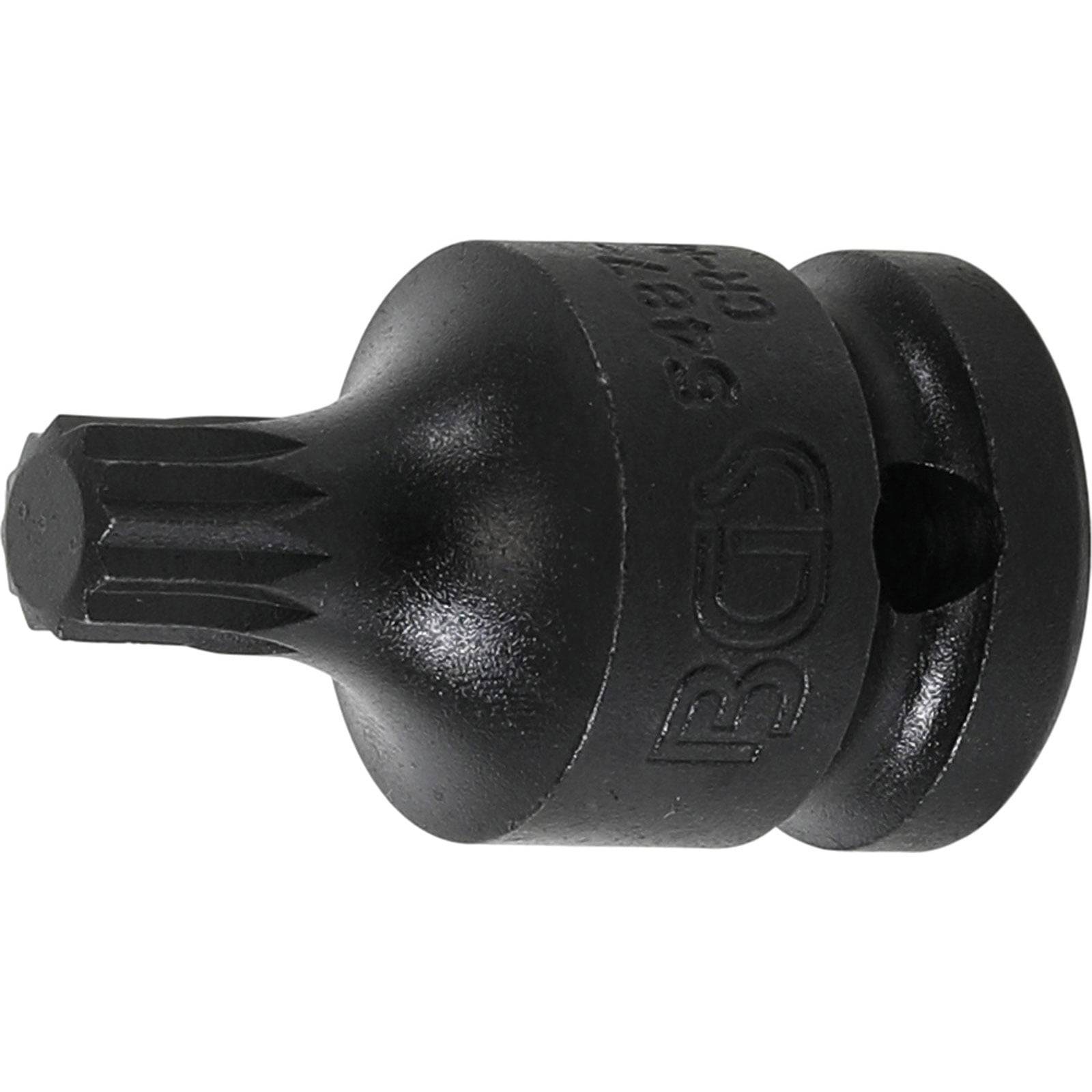 Ein schwarzer Torx-Stecknuss-Bit mit sechseckiger Basis, konzipiert für die Verwendung mit einem Ratschenwerkzeug. Auf der Seite mit Markeninitialien graviert.