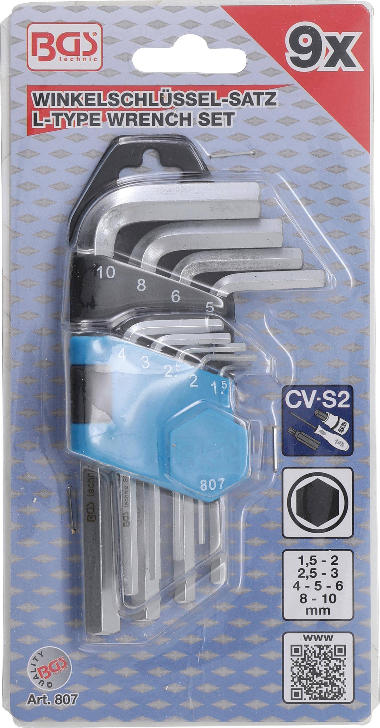 BGS Winkelschlssel-Satz | kurz | Innensechskant 1,5 - 10 mm | 9-tlg.