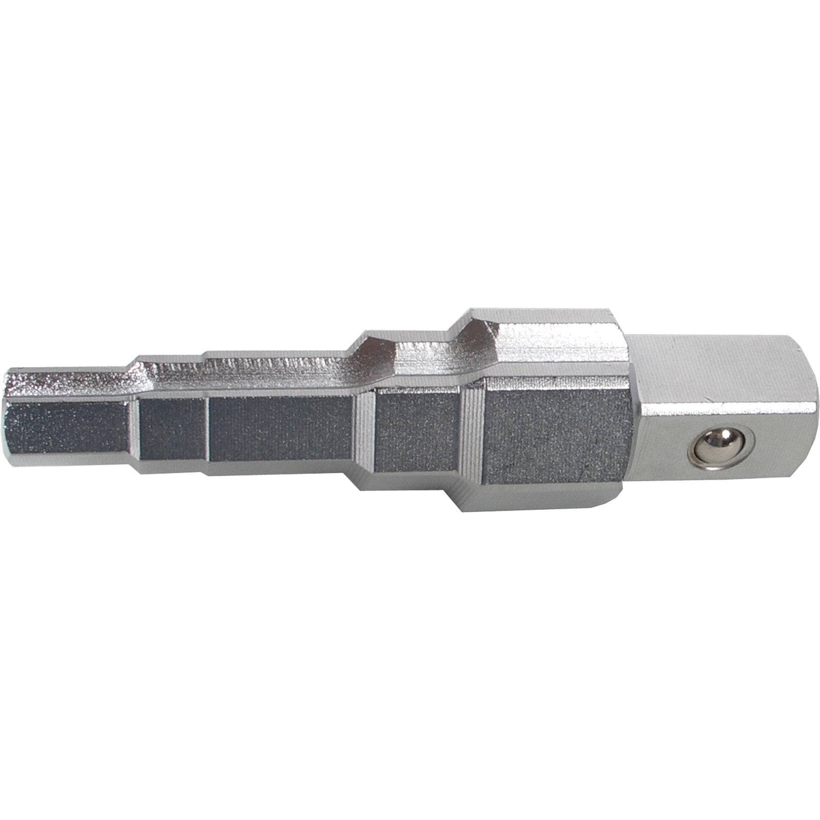 Ein silberner Sechskant-Schlüssel-Adapter mit mehreren Größen, entwickelt zur Verwendung mit verschiedenen Schrauben- und Bolzenkopfformen.