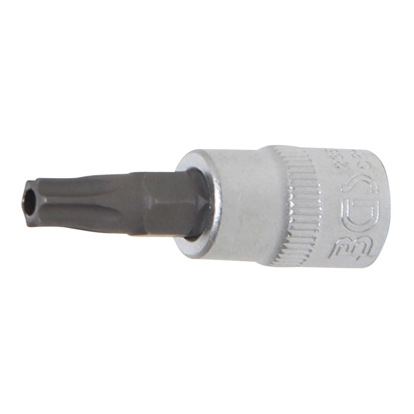 TORX-Einsatz mit einer silbernen Metallfassung und einer sternförmigen schwarzen Spitze, der zum Eindrehen von Schrauben mit einem entsprechenden Kopfmuster verwendet wird.
