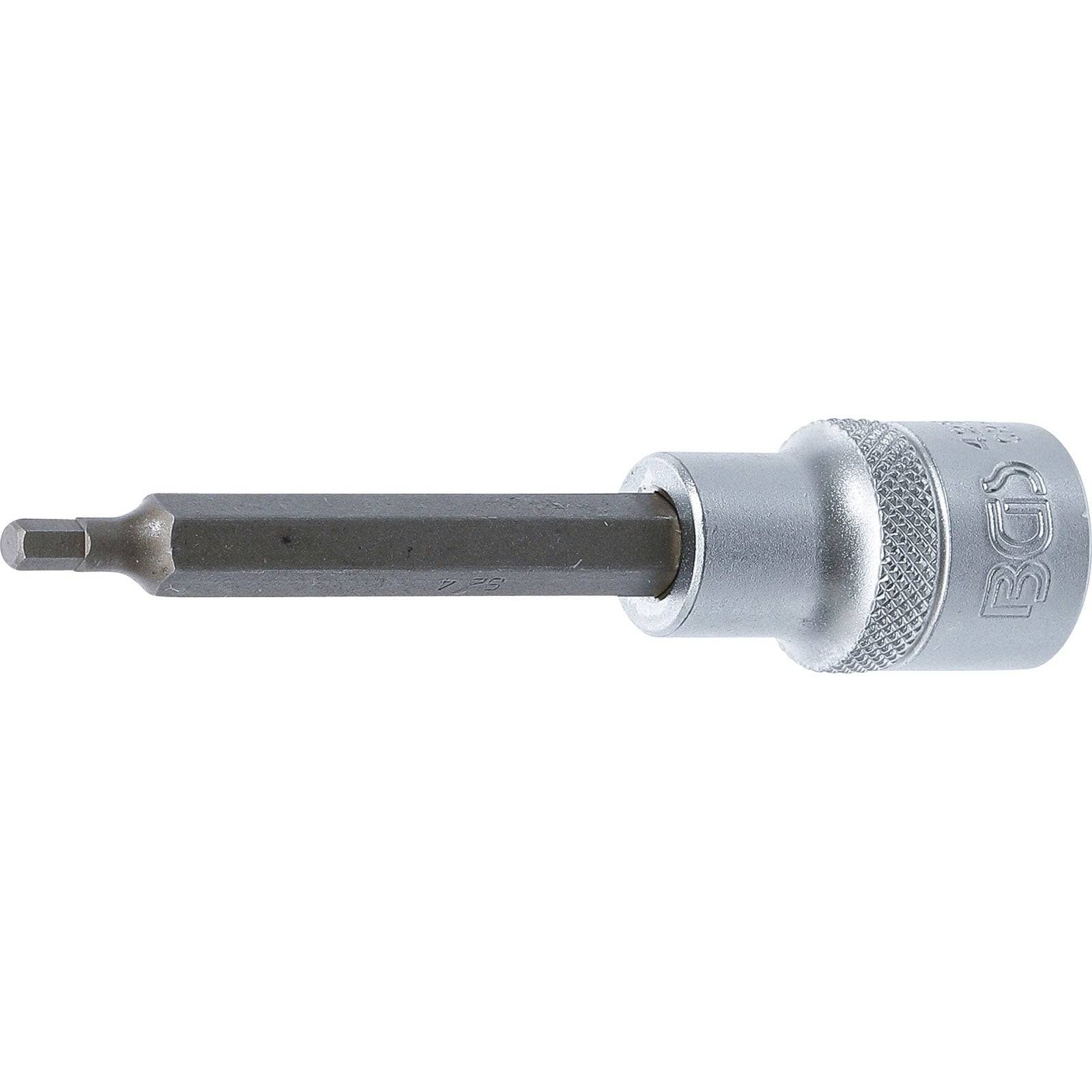 Ein Sechskant-Bitsocket-Werkzeug mit einem silbernen Körper und dunkler Spitze, das zum Festziehen oder Lösen von Sechskantschrauben verwendet wird.