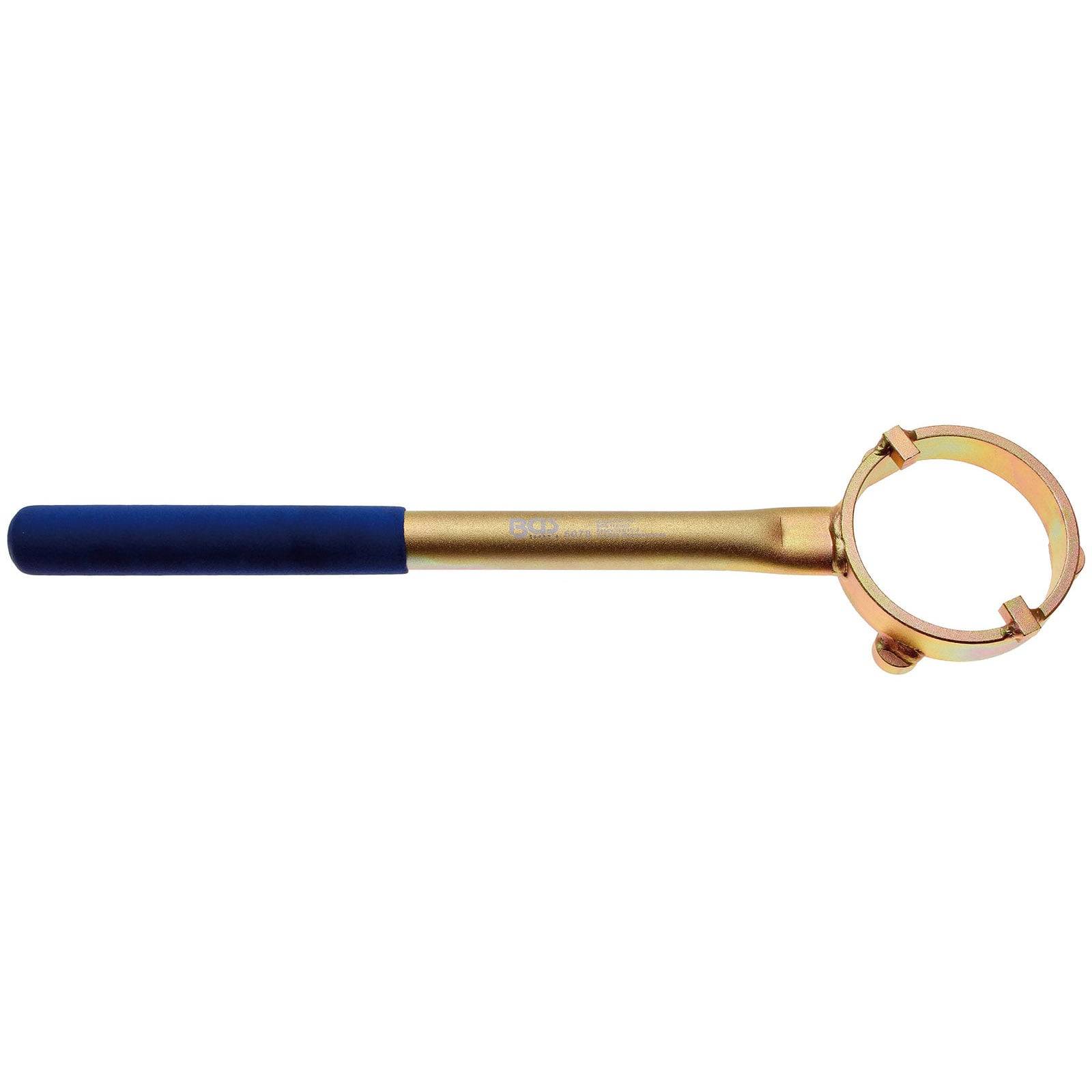 Ein goldfarbener Schraubenschlüssel mit blauem Griff, konstruiert zum Greifen von runden Objekten oder Rohren.