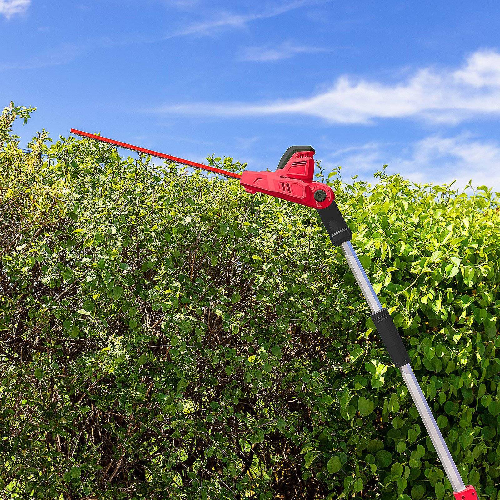 Ein Gartenheckenschneider mit einer roten Klinge beschneidet hohe, grüne Büsche an einem klaren, sonnigen Tag.