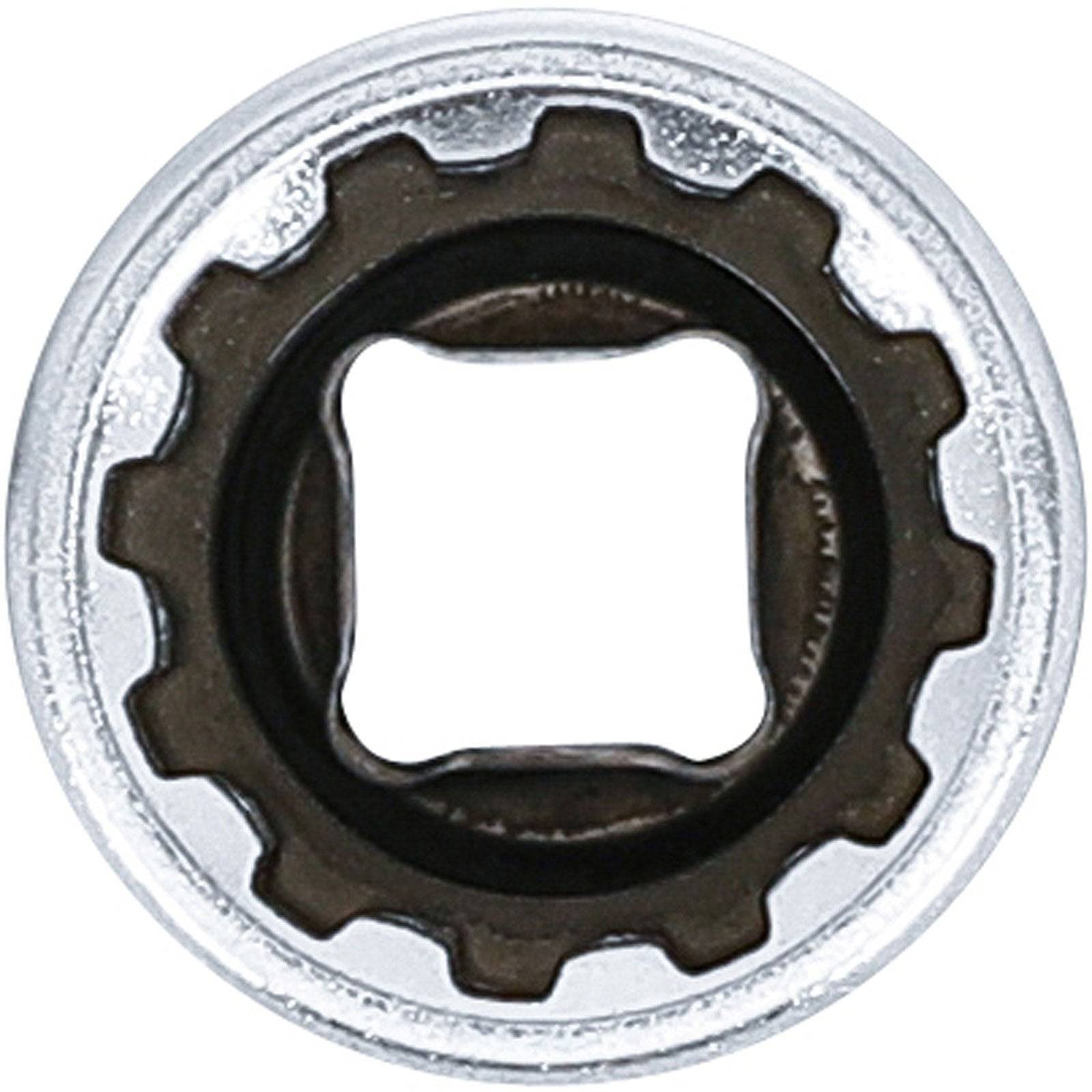 Ein Steckschlüsseleinsatz, von oben betrachtet, mit einer quadratischen Öffnung, die von einer zahnradartigen Kante umgeben ist und zum Antreiben von Schrauben oder Muttern verwendet wird.